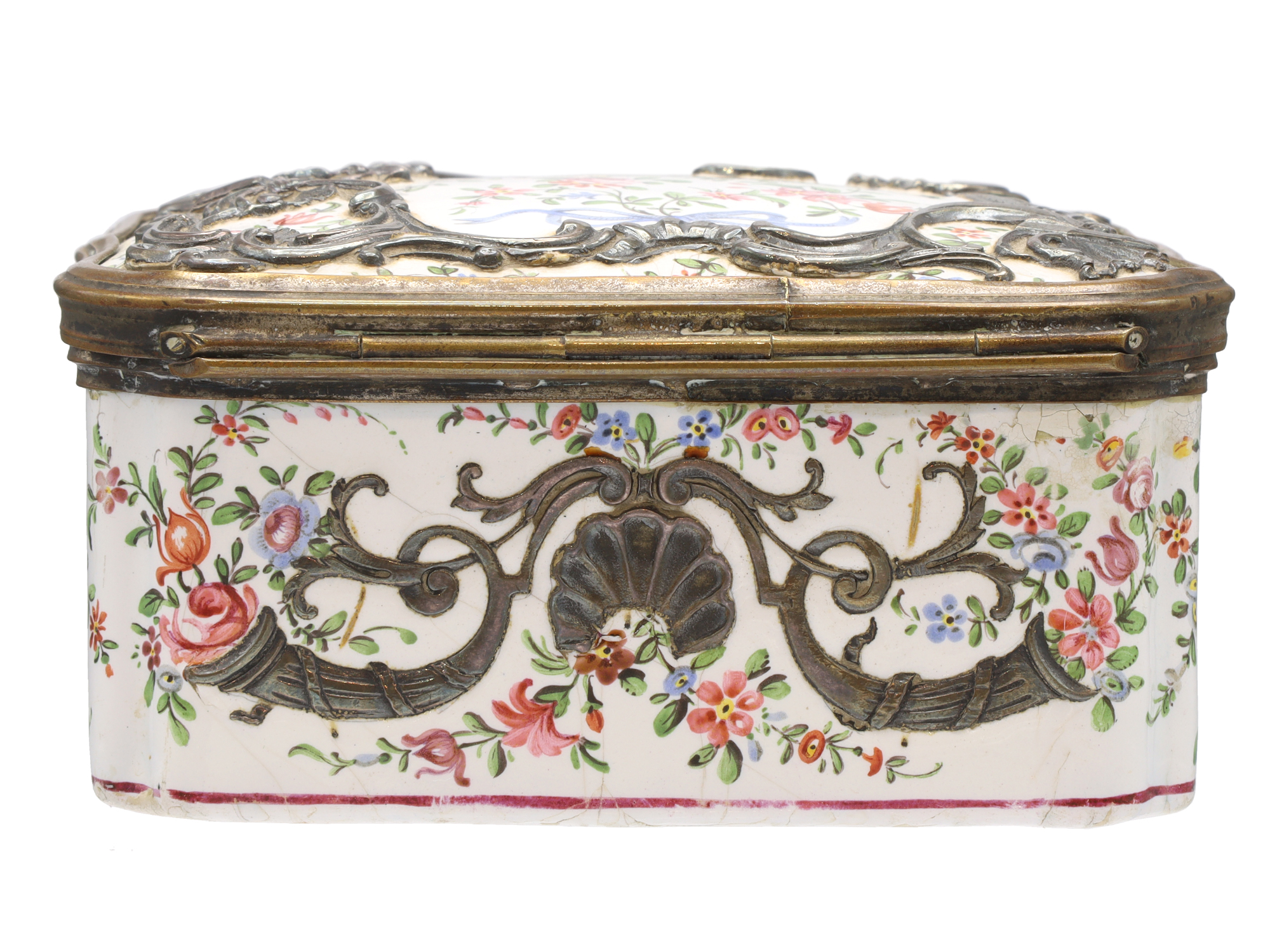 A HAND-PAINTED ENAMEL-ON-COPPER TRINKET BOX WITH SILVER APPLIQUES, SIGNED
