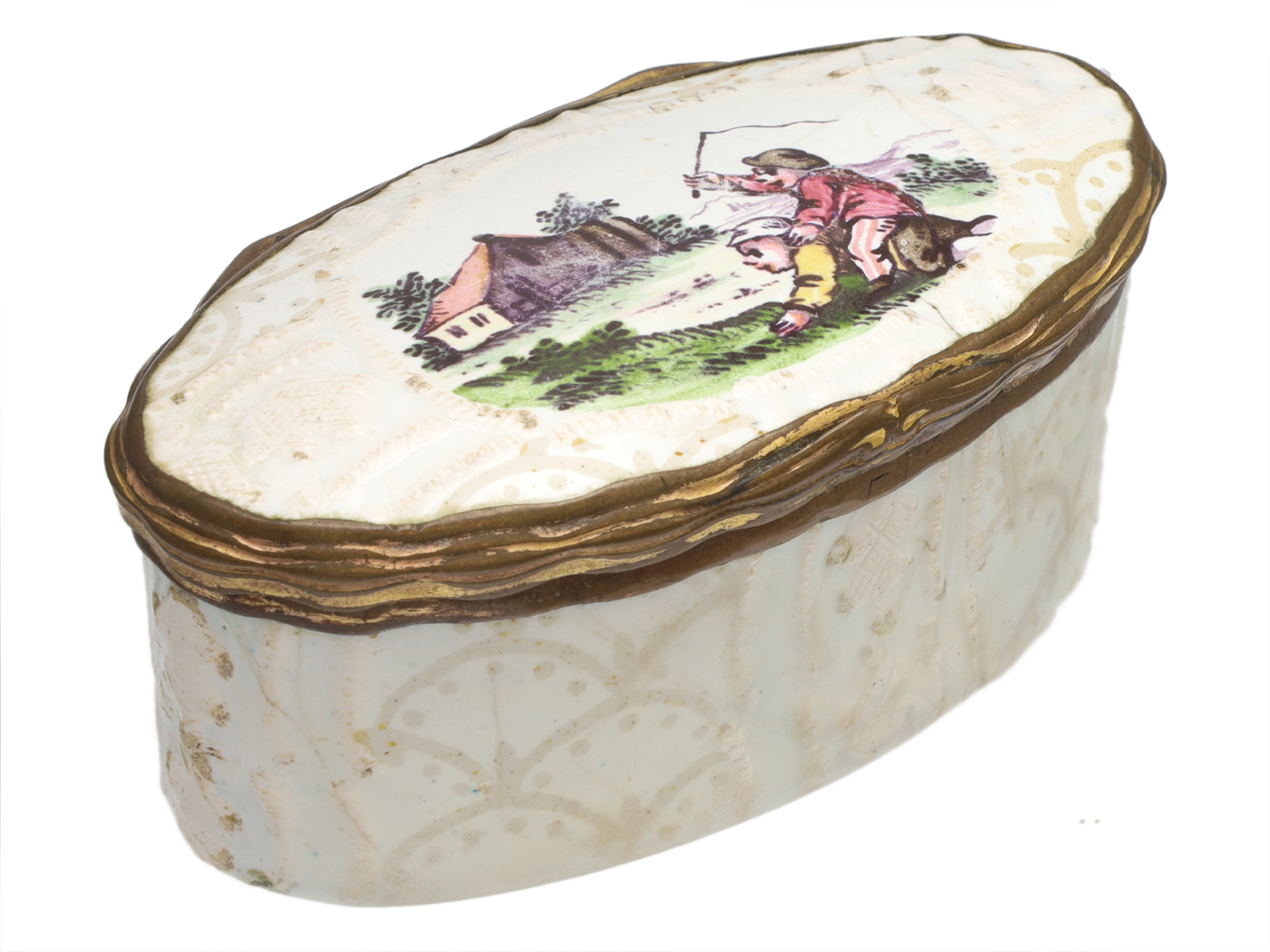 AN ENGLISH ENAMEL-ON-COPPER SNUFF BOX WITH COMICAL CHILDREN'S SCENES, 18TH CENTURY