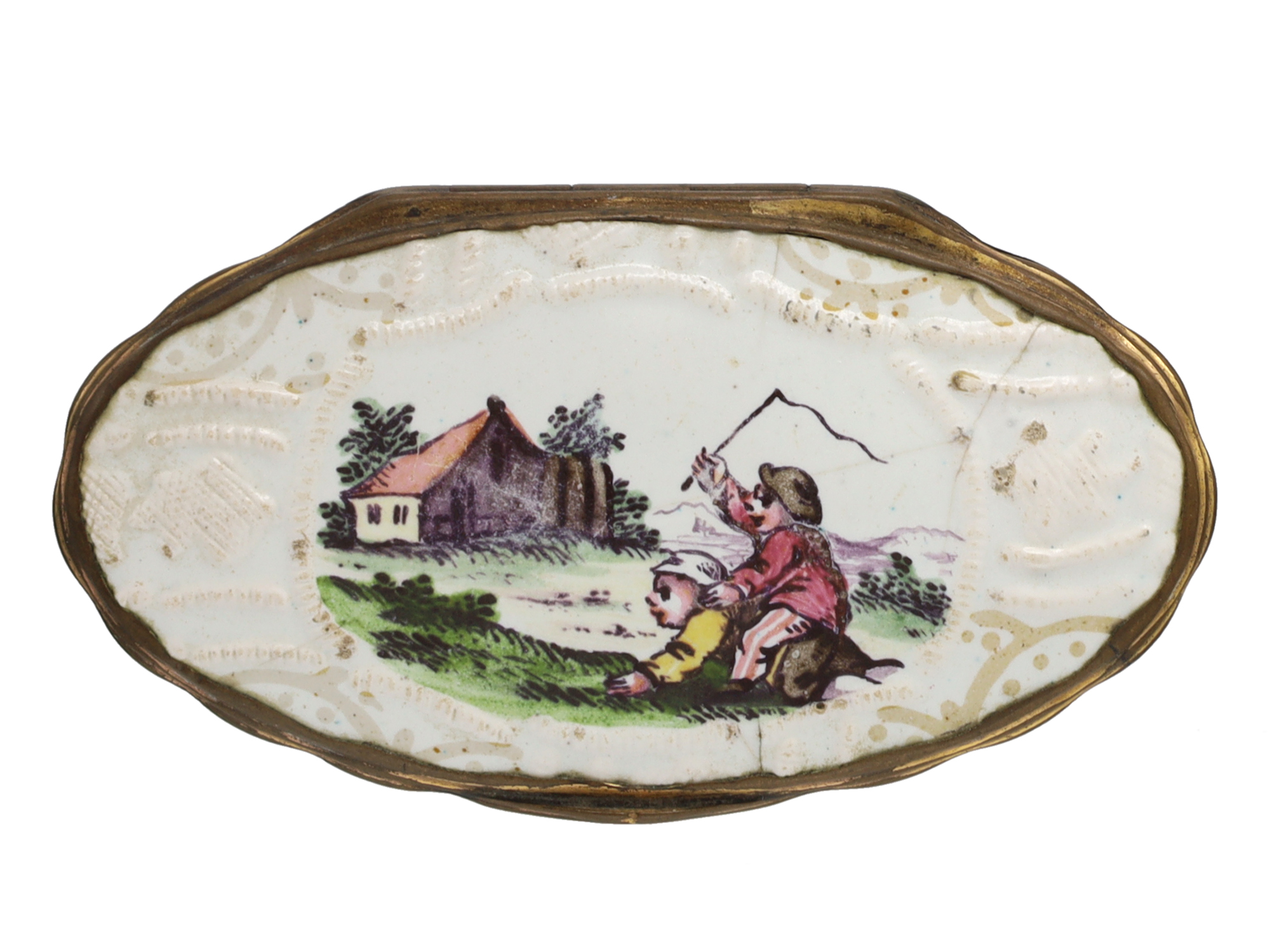AN ENGLISH ENAMEL-ON-COPPER SNUFF BOX WITH COMICAL CHILDREN'S SCENES, 18TH CENTURY