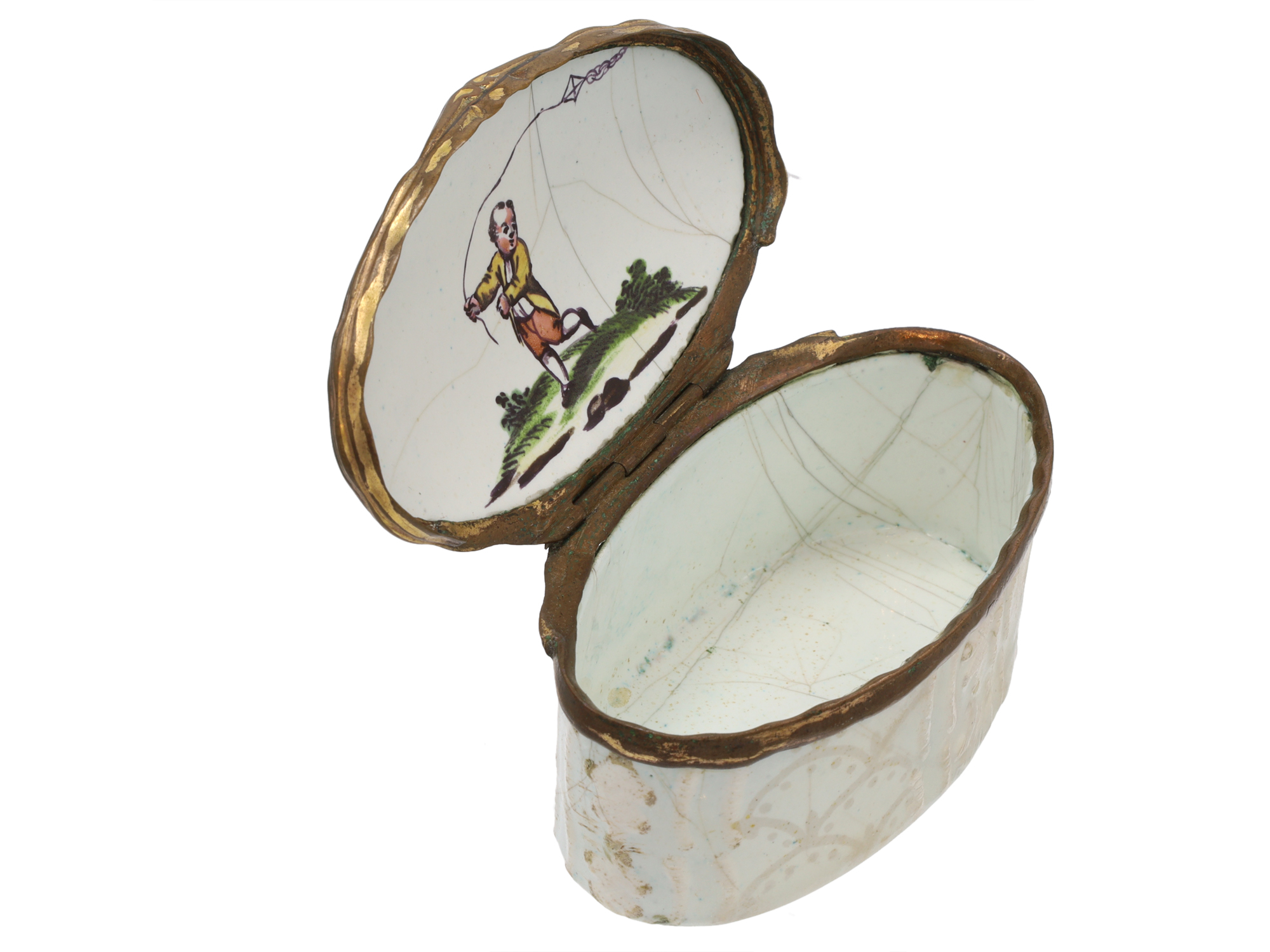 AN ENGLISH ENAMEL-ON-COPPER SNUFF BOX WITH COMICAL CHILDREN'S SCENES, 18TH CENTURY
