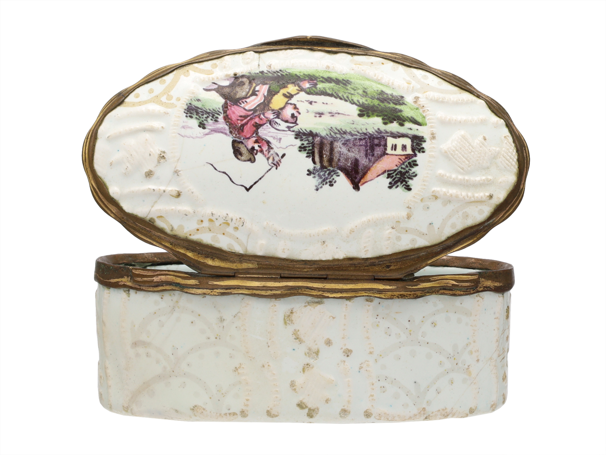 AN ENGLISH ENAMEL-ON-COPPER SNUFF BOX WITH COMICAL CHILDREN'S SCENES, 18TH CENTURY