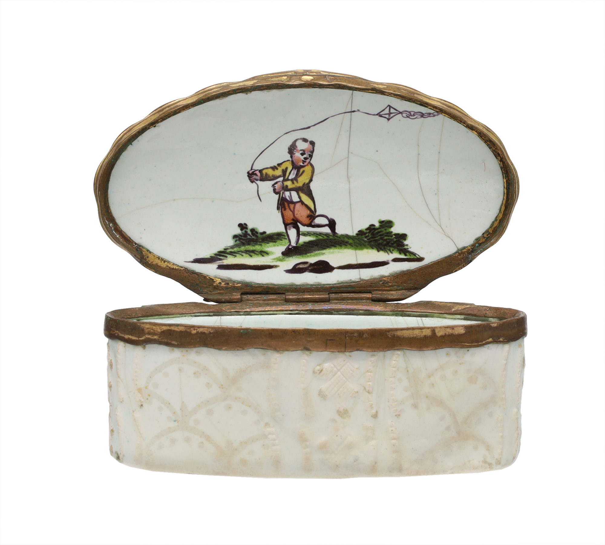 AN ENGLISH ENAMEL-ON-COPPER SNUFF BOX WITH COMICAL CHILDREN'S SCENES, 18TH CENTURY