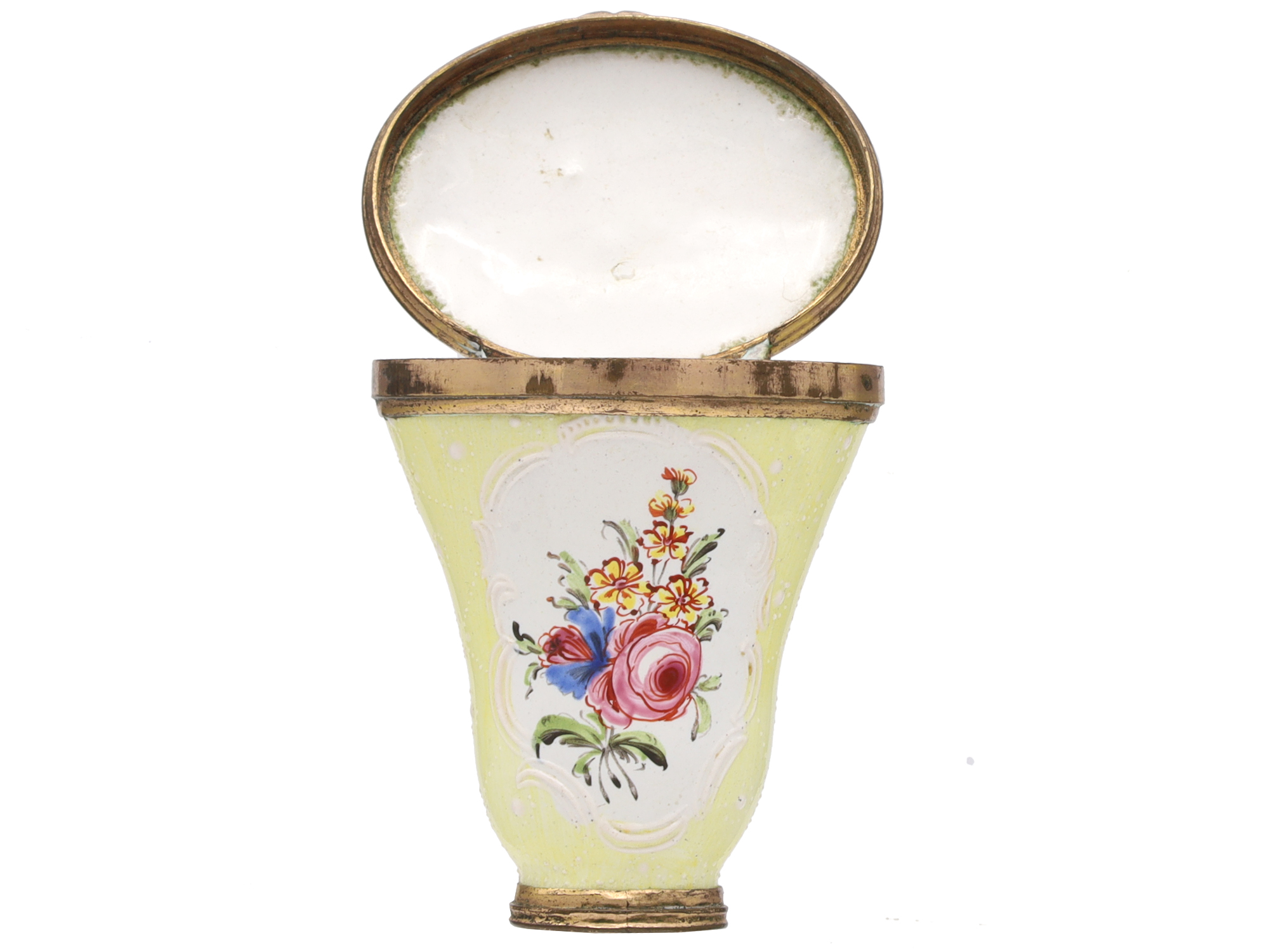 A SOUTH STAFFORDSHIRE ENAMEL SCENT BOTTLE, CA. 1765-1770