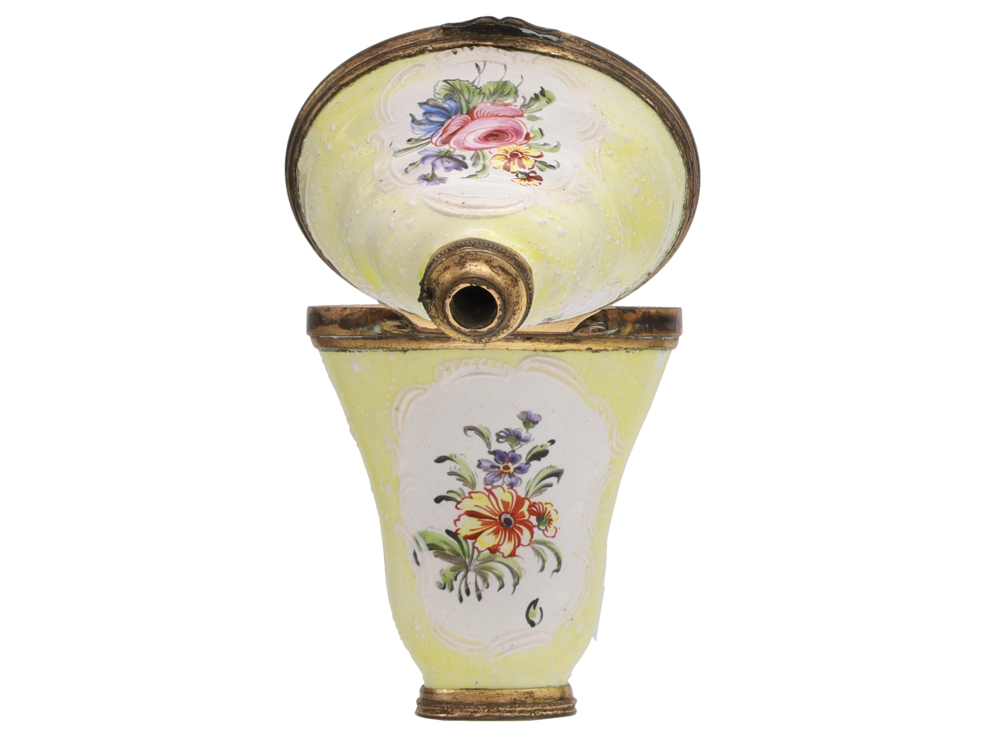 A SOUTH STAFFORDSHIRE ENAMEL SCENT BOTTLE, CA. 1765-1770
