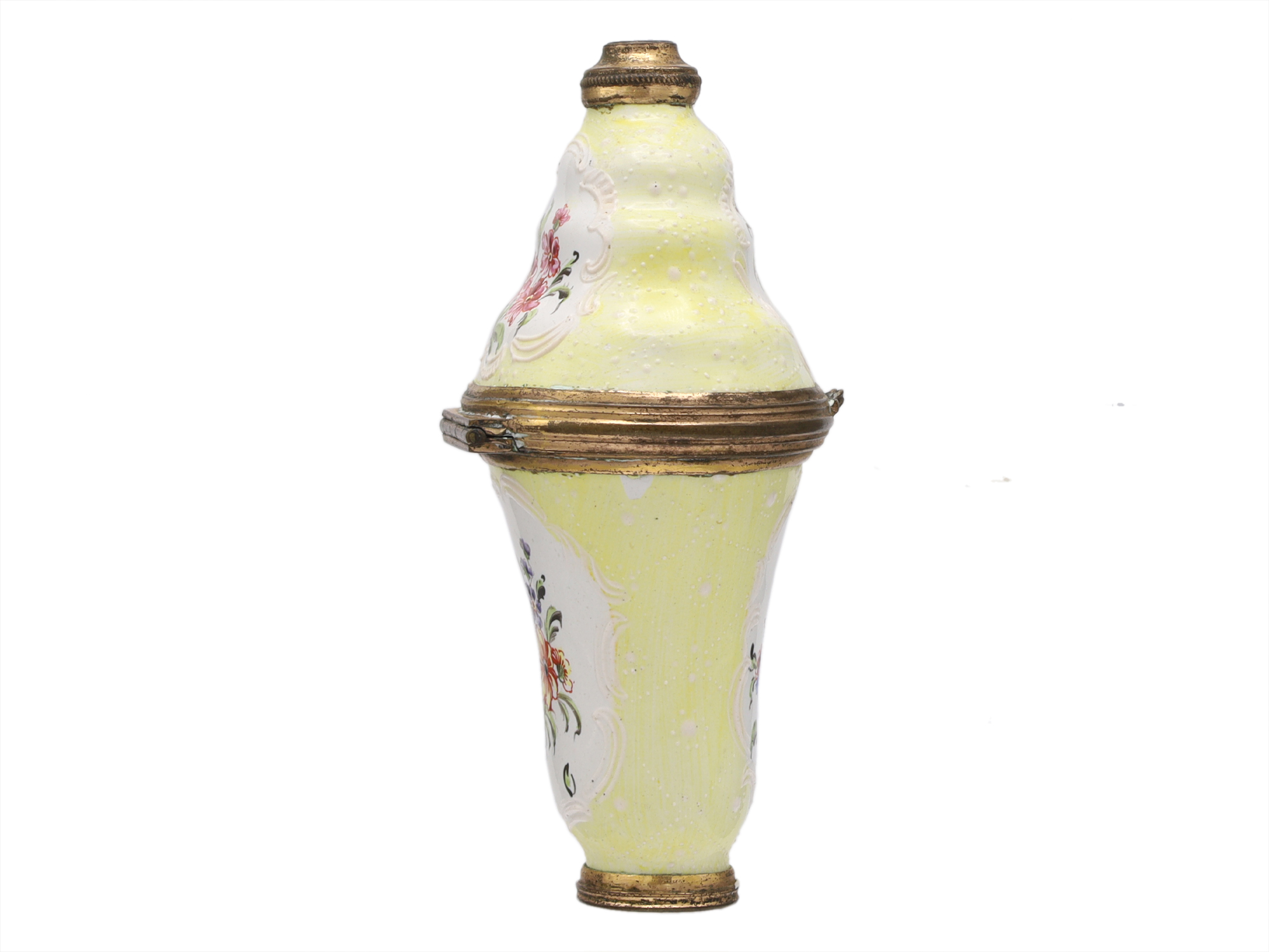 A SOUTH STAFFORDSHIRE ENAMEL SCENT BOTTLE, CA. 1765-1770