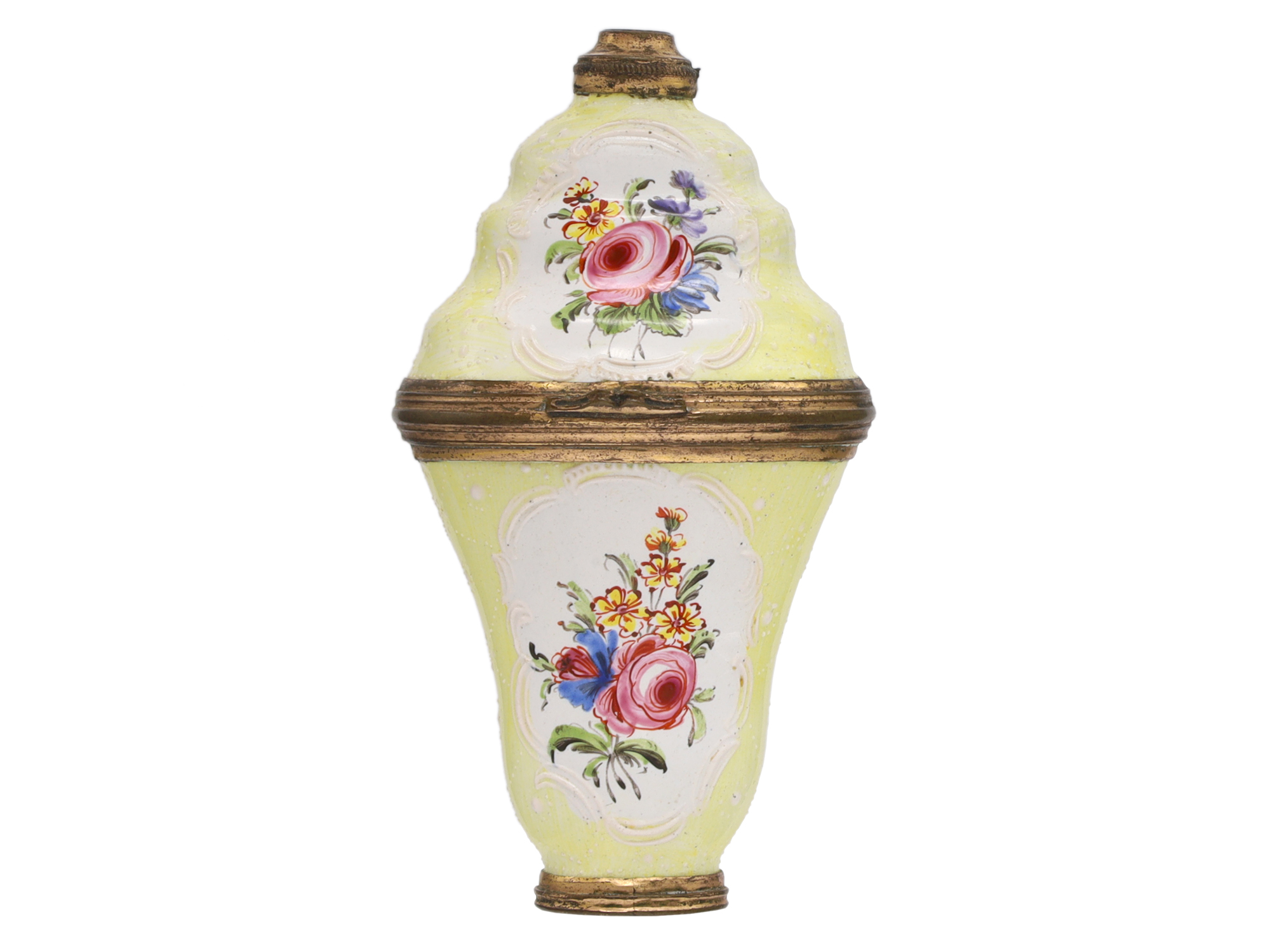A SOUTH STAFFORDSHIRE ENAMEL SCENT BOTTLE, CA. 1765-1770