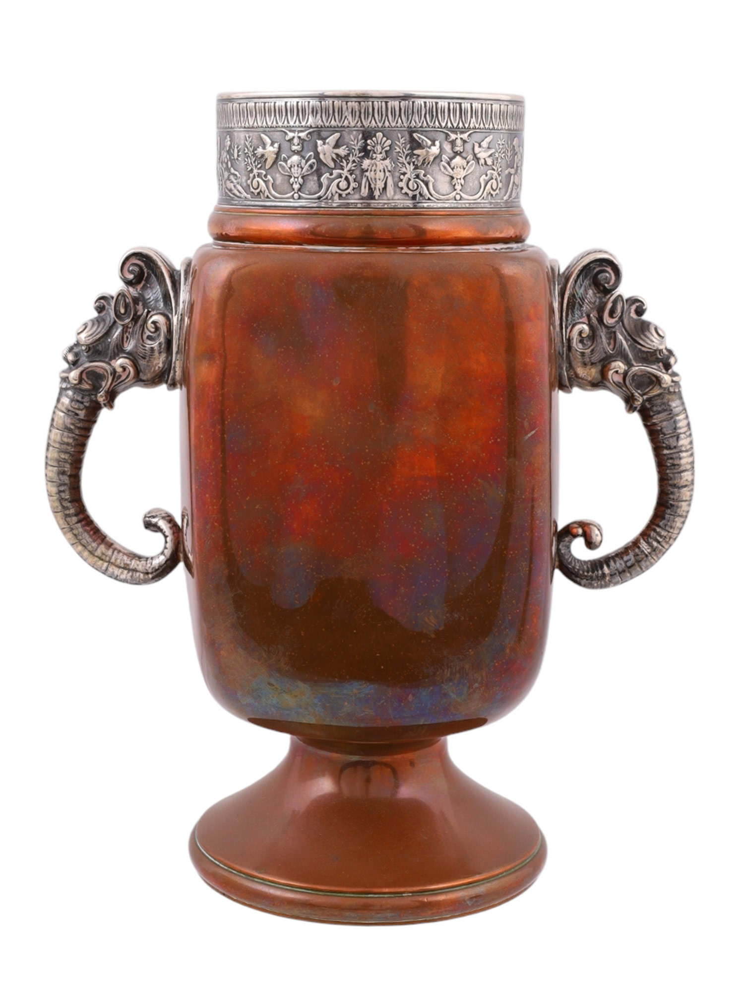 AN AMERICAN GORHAM & CO SILVER AND COPPER TWIN-HANDLED VASE, 19TH CEN.