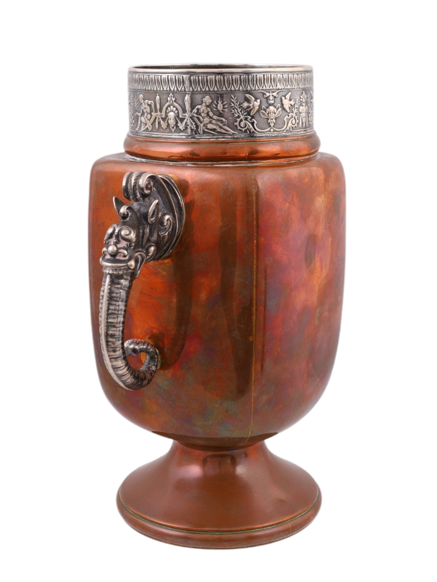 AN AMERICAN GORHAM & CO SILVER AND COPPER TWIN-HANDLED VASE, 19TH CEN.