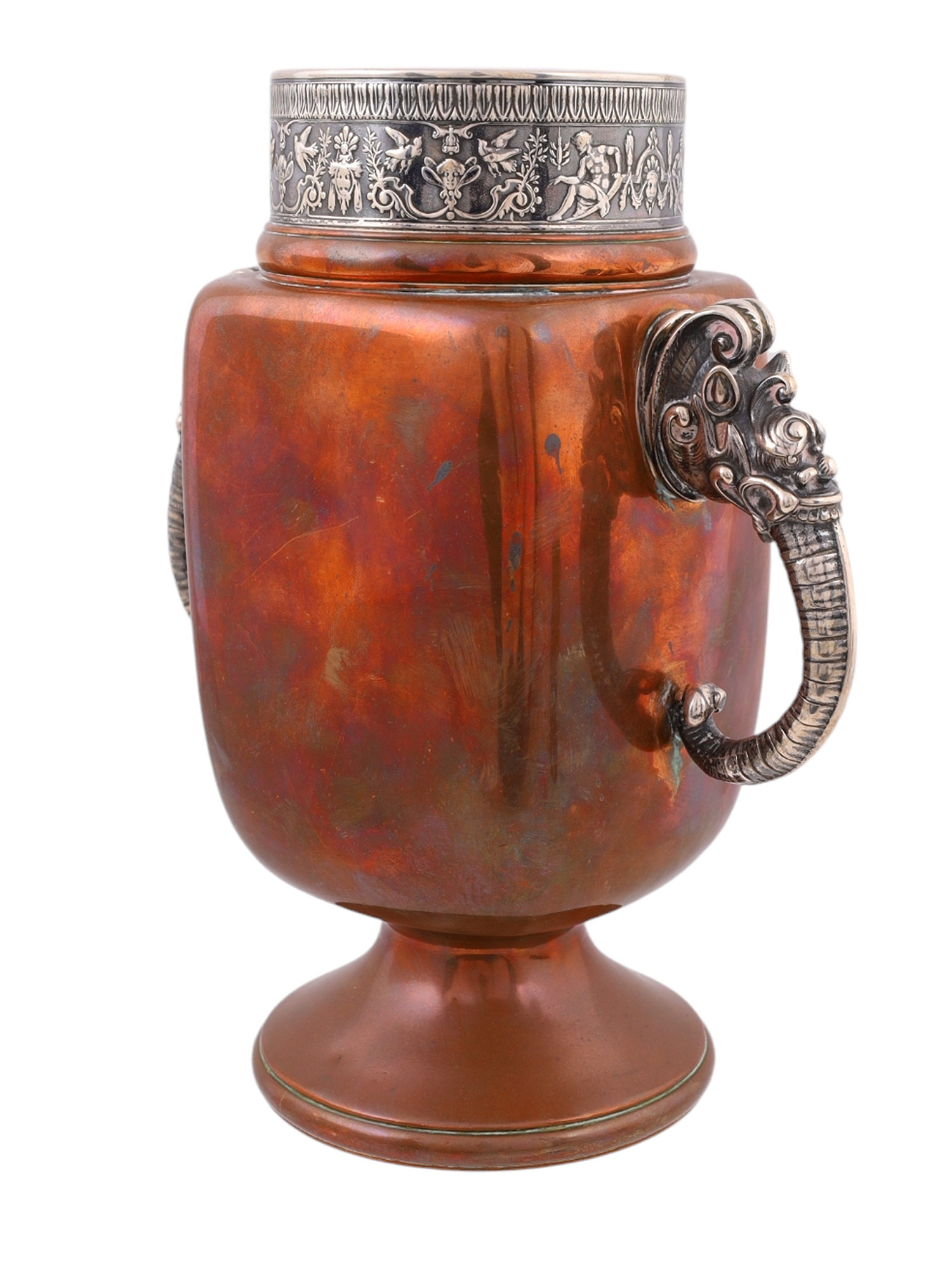 AN AMERICAN GORHAM & CO SILVER AND COPPER TWIN-HANDLED VASE, 19TH CEN.