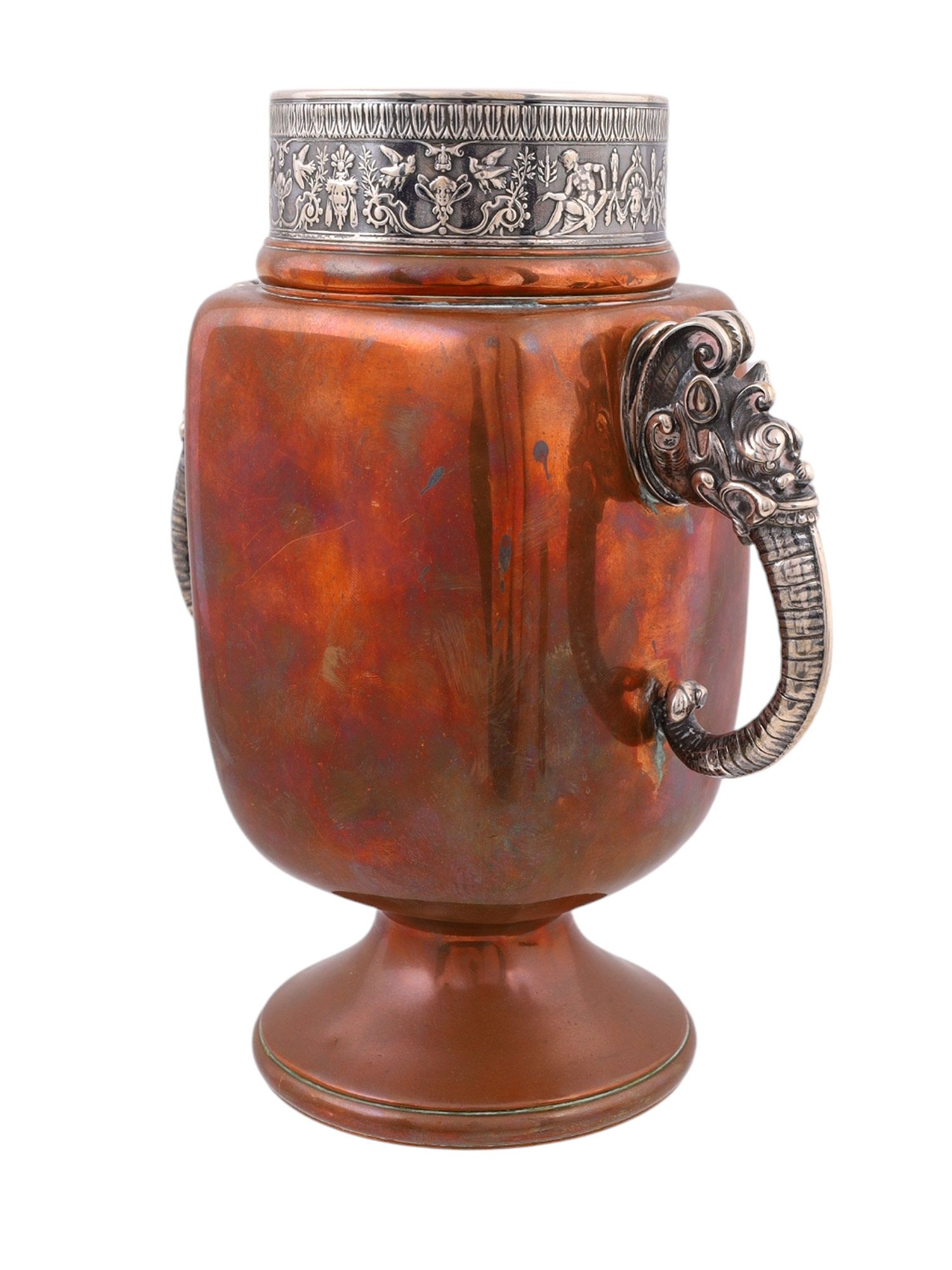 AN AMERICAN GORHAM & CO SILVER AND COPPER TWIN-HANDLED VASE, 19TH CEN.