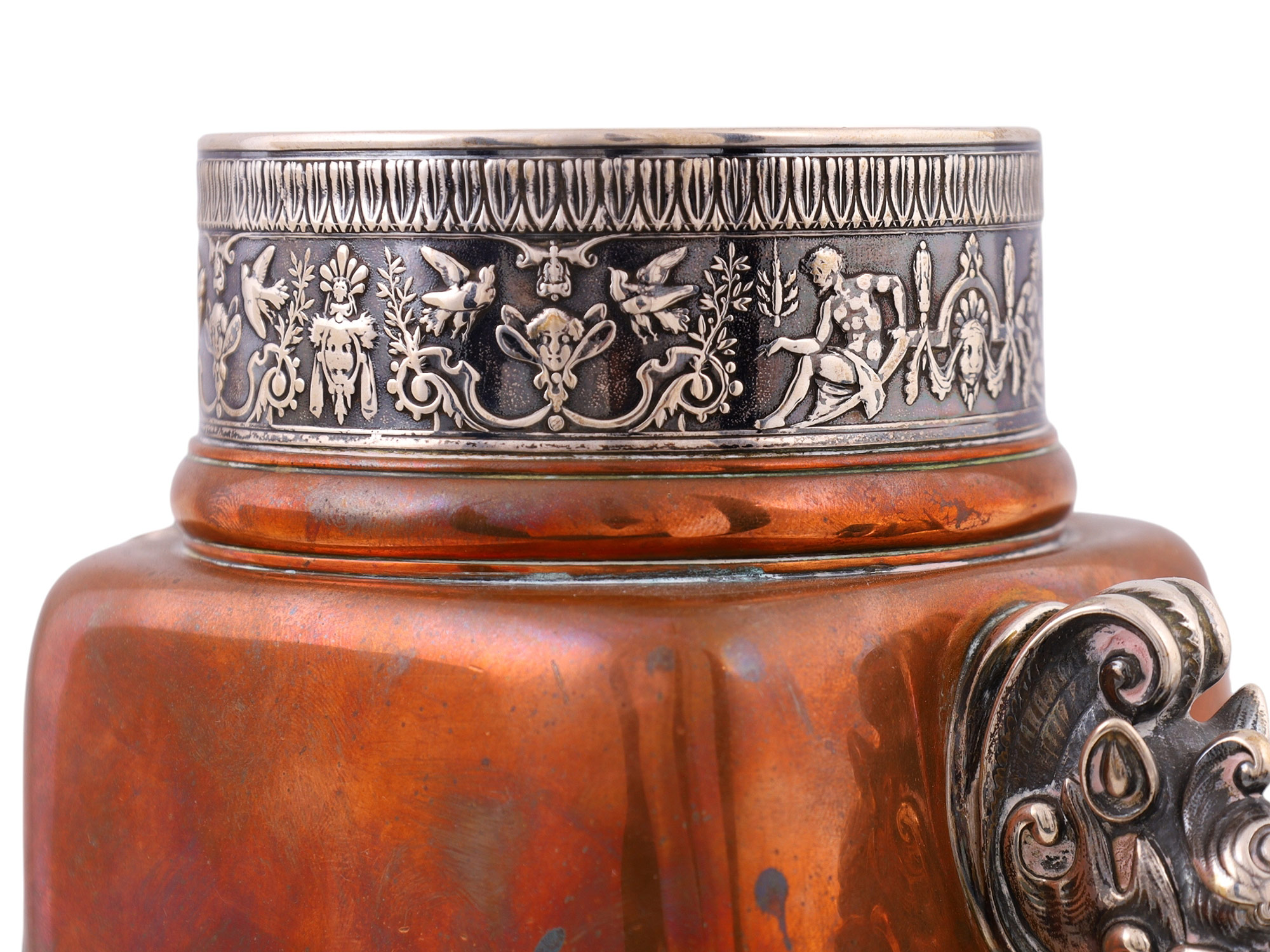 AN AMERICAN GORHAM & CO SILVER AND COPPER TWIN-HANDLED VASE, 19TH CEN.