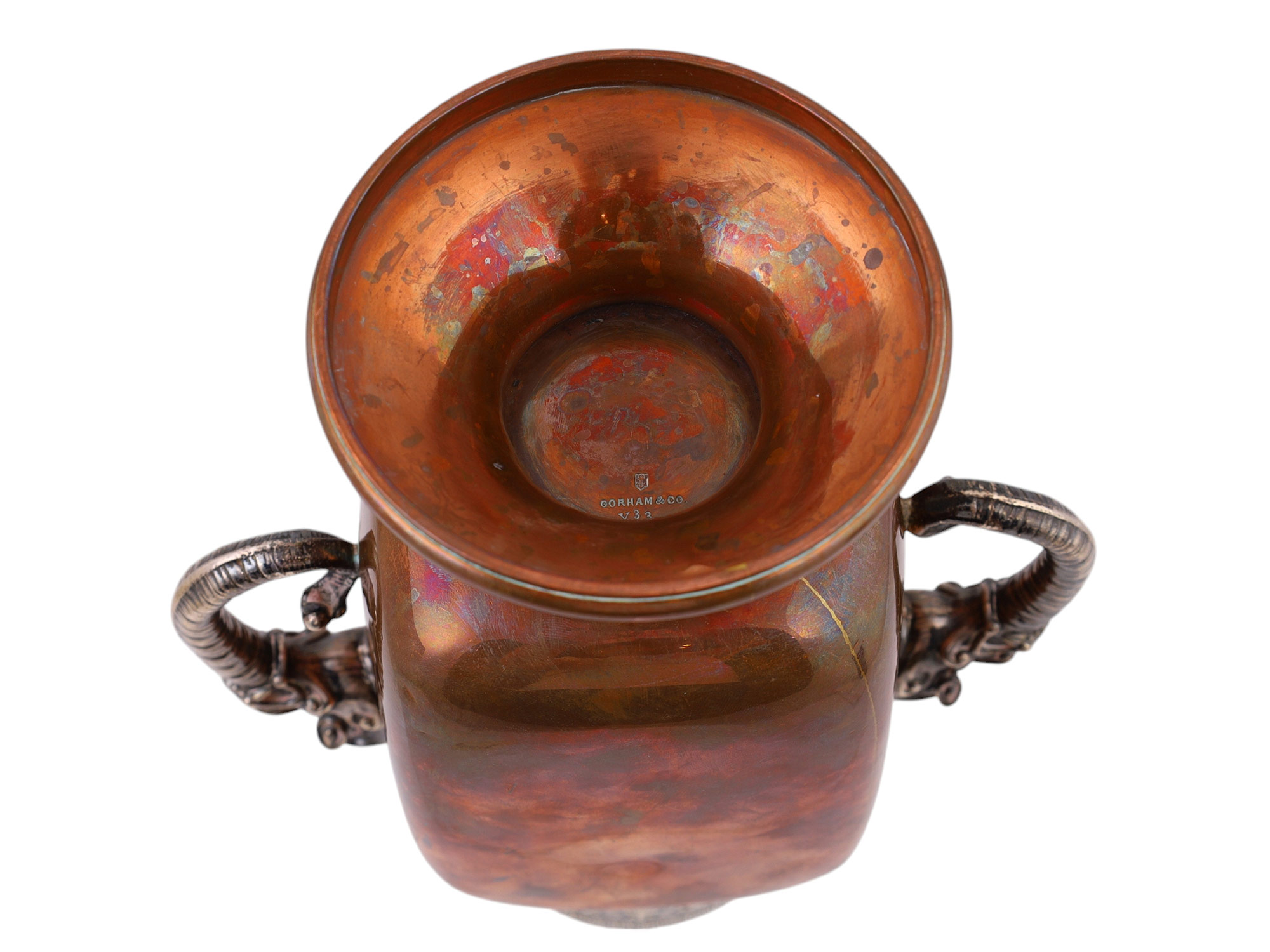 AN AMERICAN GORHAM & CO SILVER AND COPPER TWIN-HANDLED VASE, 19TH CEN.