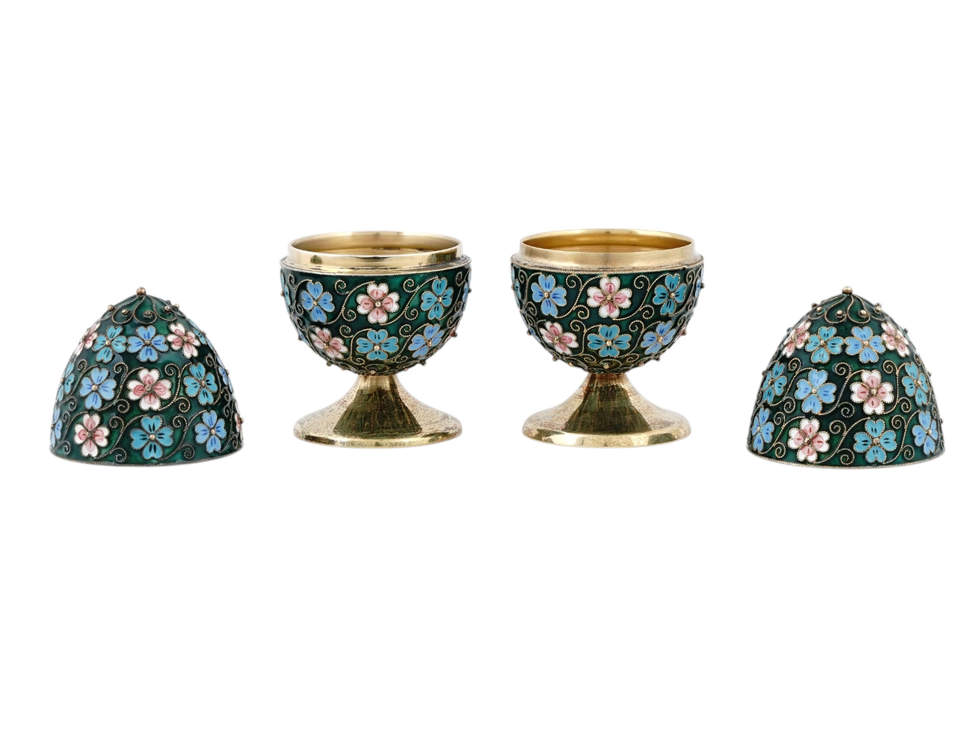 TWO SOVIET RUSSIAN GILT SILVER AND CLOISONNÉ ENAMEL EASTER EGGS ON STANDS