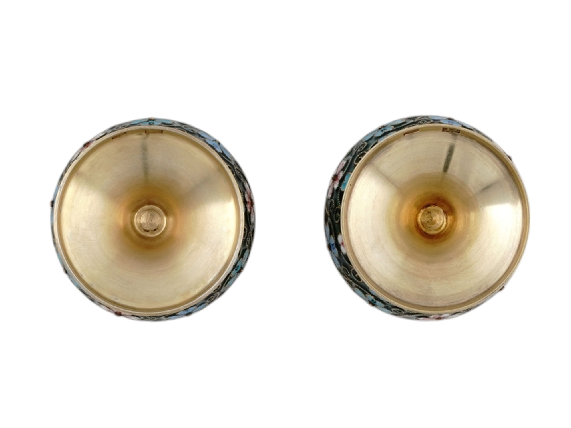 TWO SOVIET RUSSIAN GILT SILVER AND CLOISONNÉ ENAMEL EASTER EGGS ON STANDS