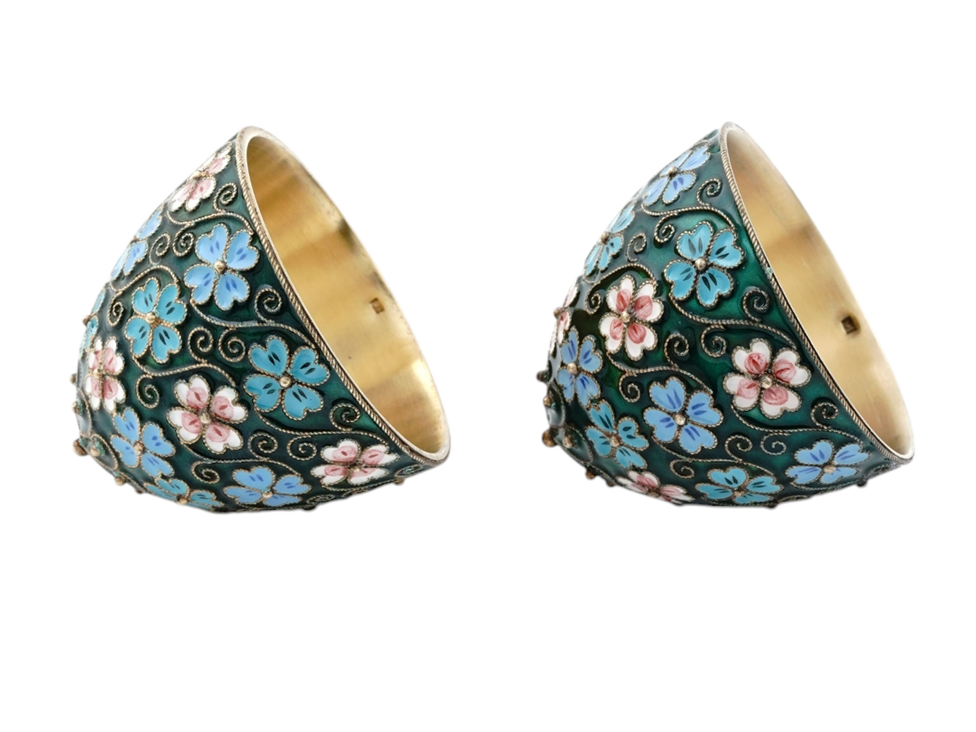 TWO SOVIET RUSSIAN GILT SILVER AND CLOISONNÉ ENAMEL EASTER EGGS ON STANDS