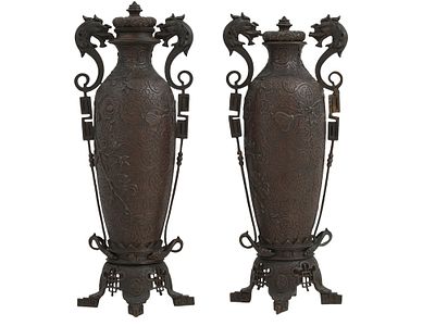 A PAIR OF JAPANESE BRONZE LIDDED VASES WITH DRAGON HANDLES, MEIJI PERIOD, 19TH CENTURY. A 