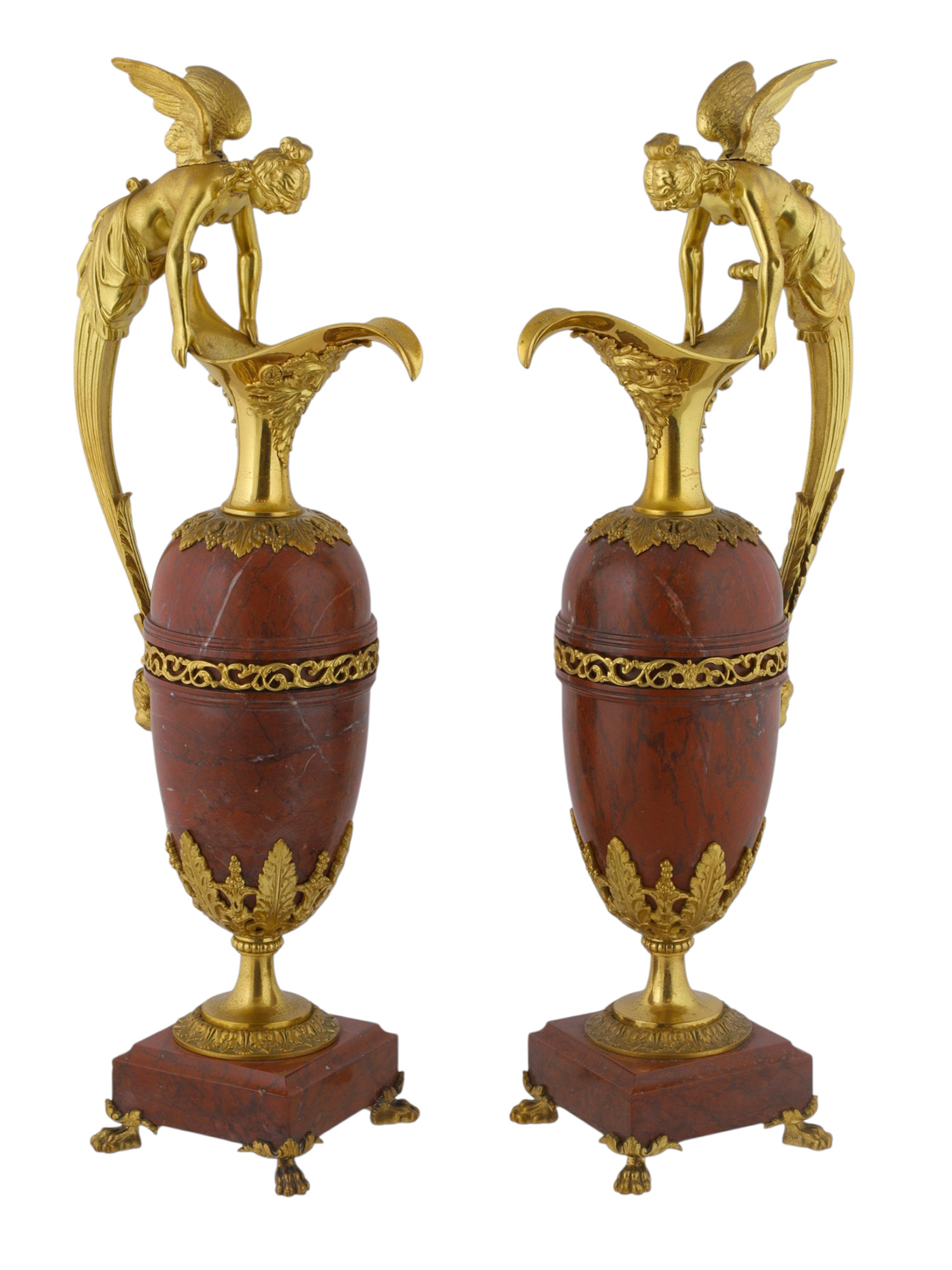 A PAIR OF 19TH CENTURY NAPOLEON III ORMOLU MOUNTED RED JASPER EWERS