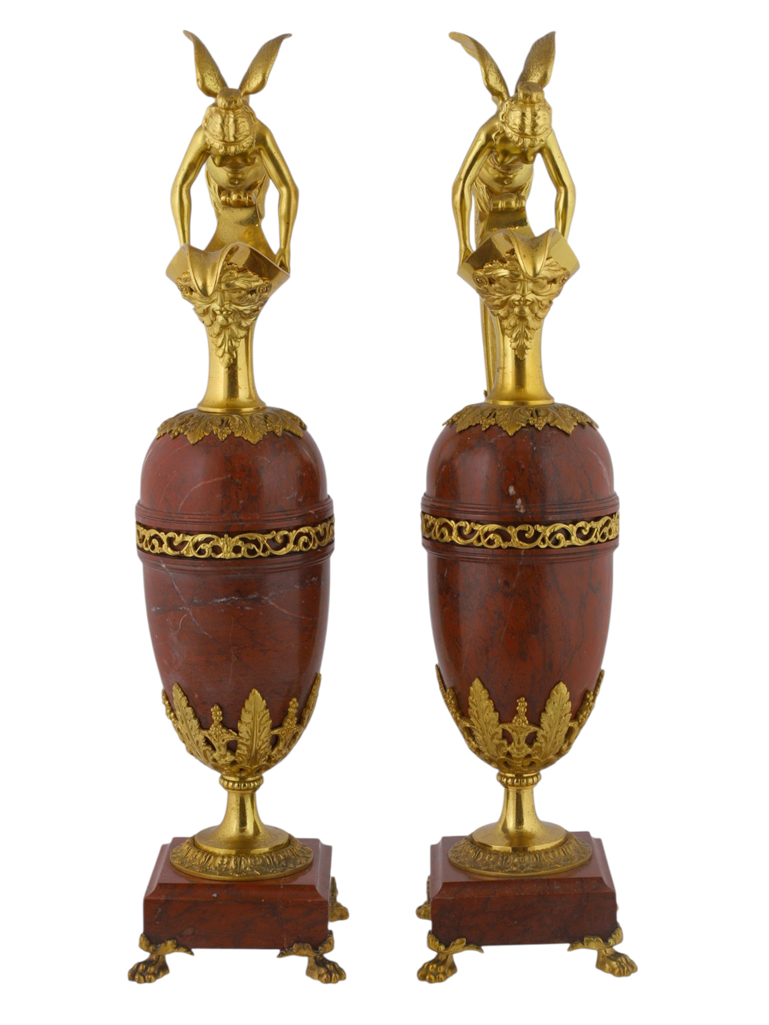 A PAIR OF 19TH CENTURY NAPOLEON III ORMOLU MOUNTED RED JASPER EWERS