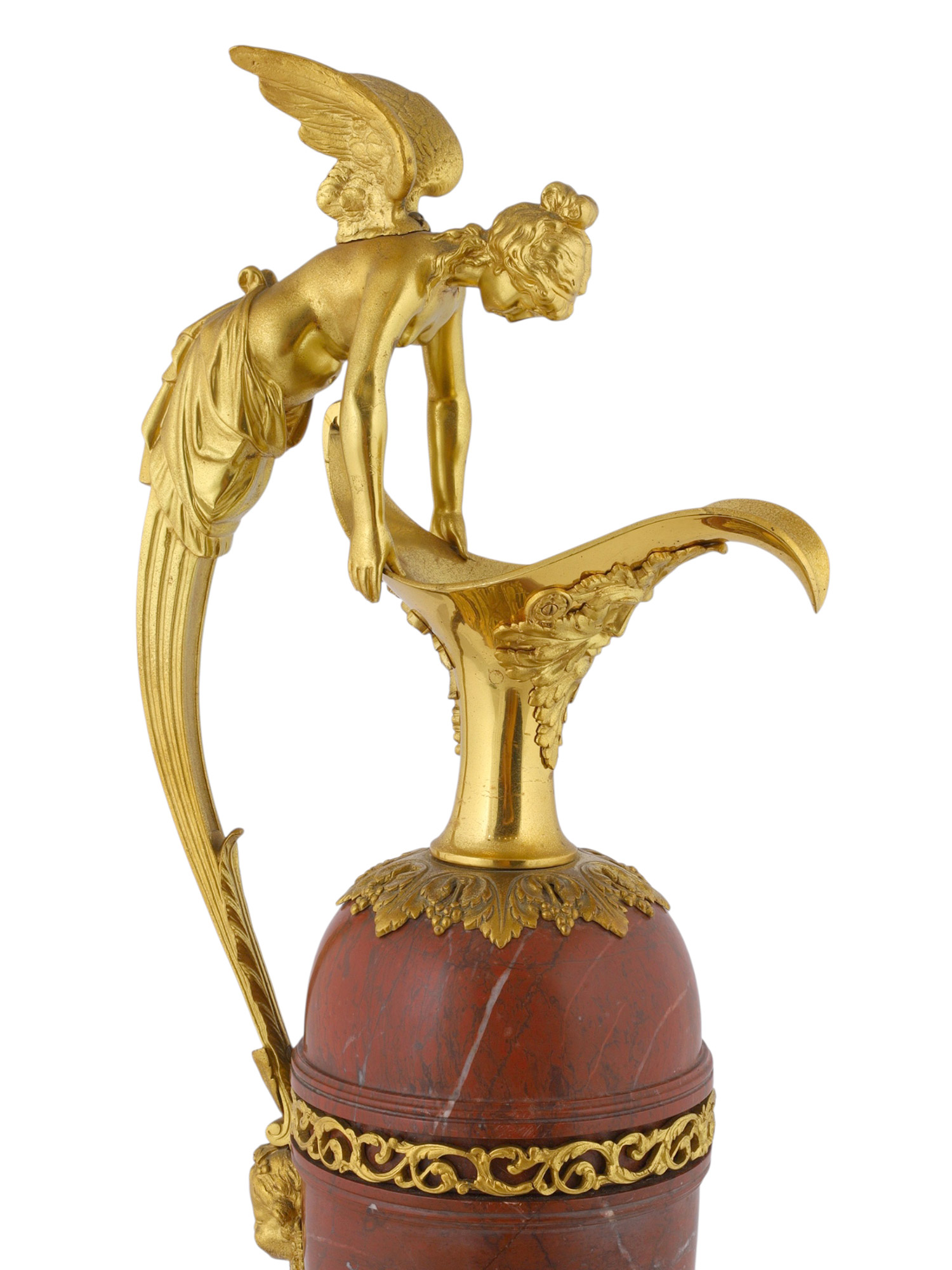 A PAIR OF 19TH CENTURY NAPOLEON III ORMOLU MOUNTED RED JASPER EWERS