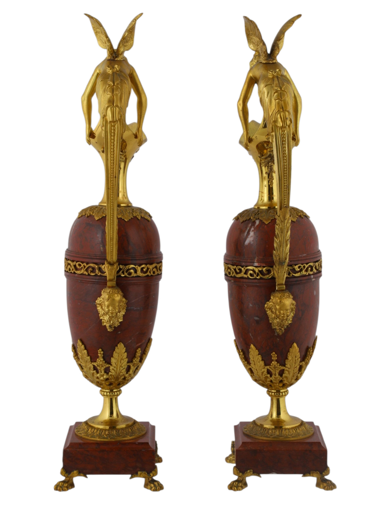 A PAIR OF 19TH CENTURY NAPOLEON III ORMOLU MOUNTED RED JASPER EWERS