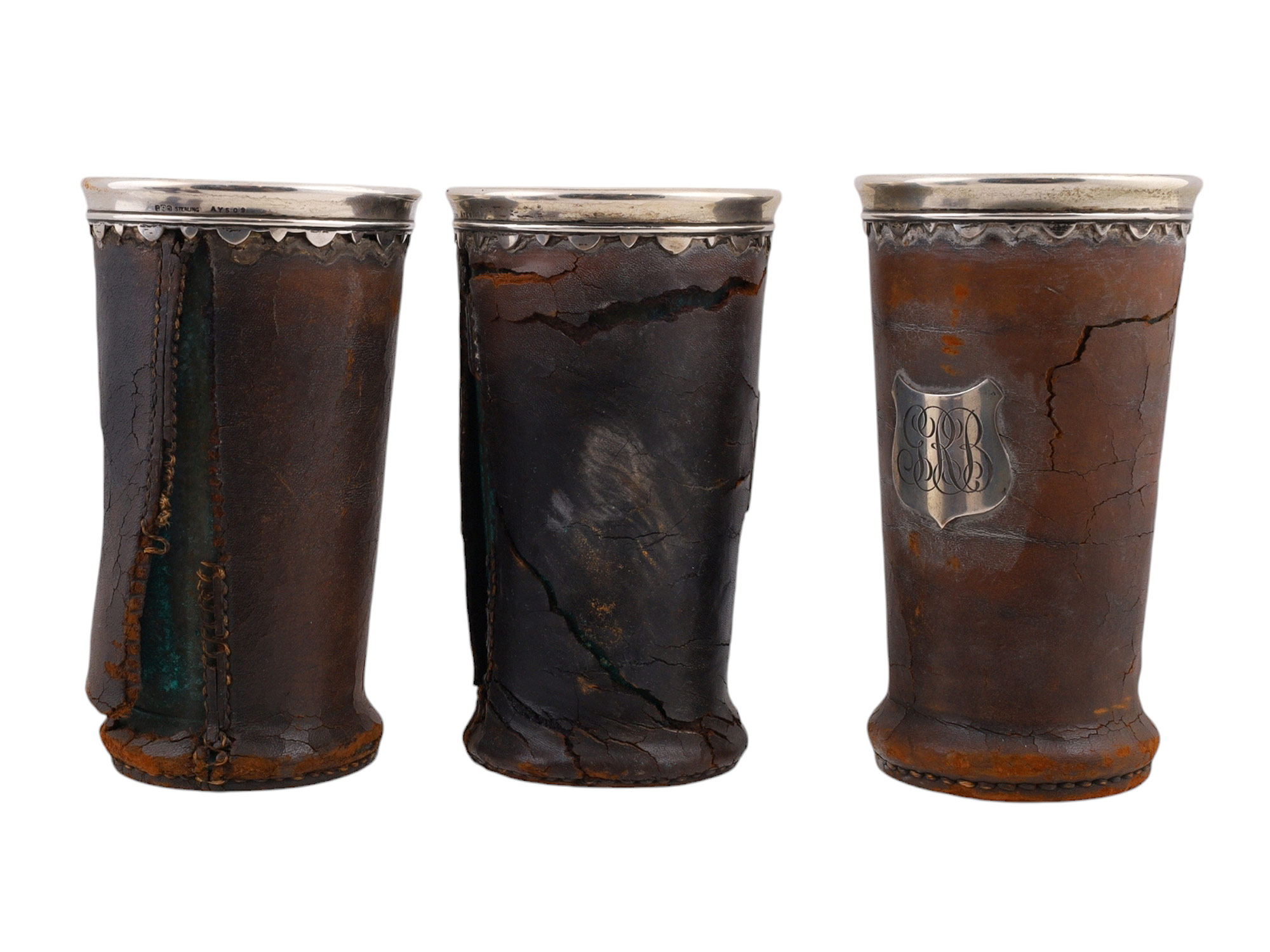 A 1906 SAN FRANCISCO FIRE AMERICAN GORHAM SILVER AND LEATHER DRINKING SET, 13 PIECES AND NEWSPAPER