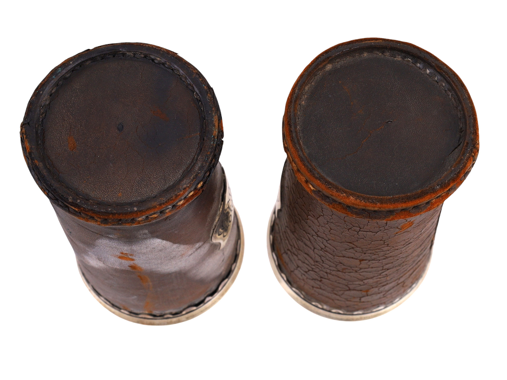 A 1906 SAN FRANCISCO FIRE AMERICAN GORHAM SILVER AND LEATHER DRINKING SET, 13 PIECES AND NEWSPAPER