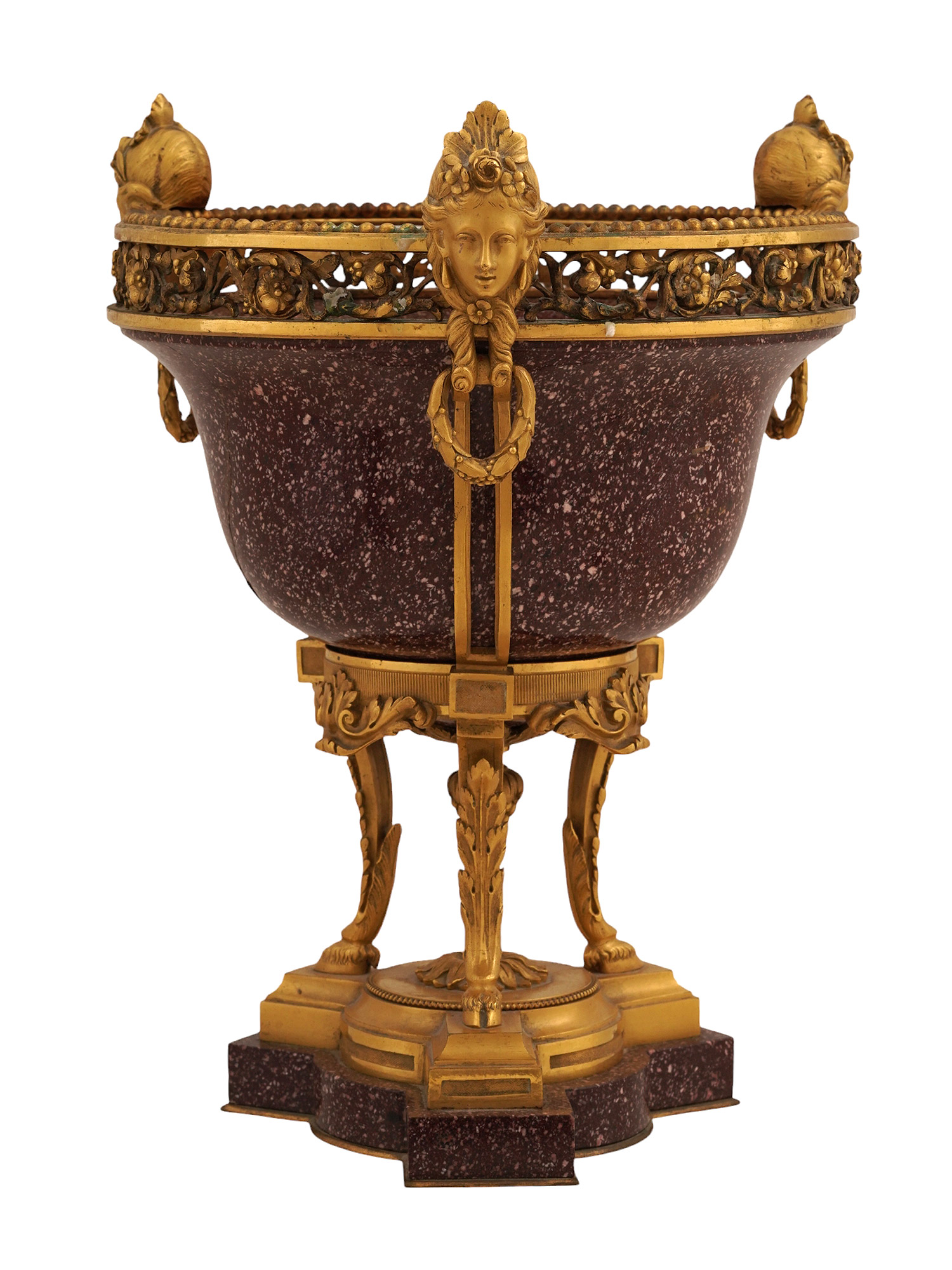 A FRENCH GILT-BRONZE MOUNTED PORPHYRY VASE, 18TH CEN.