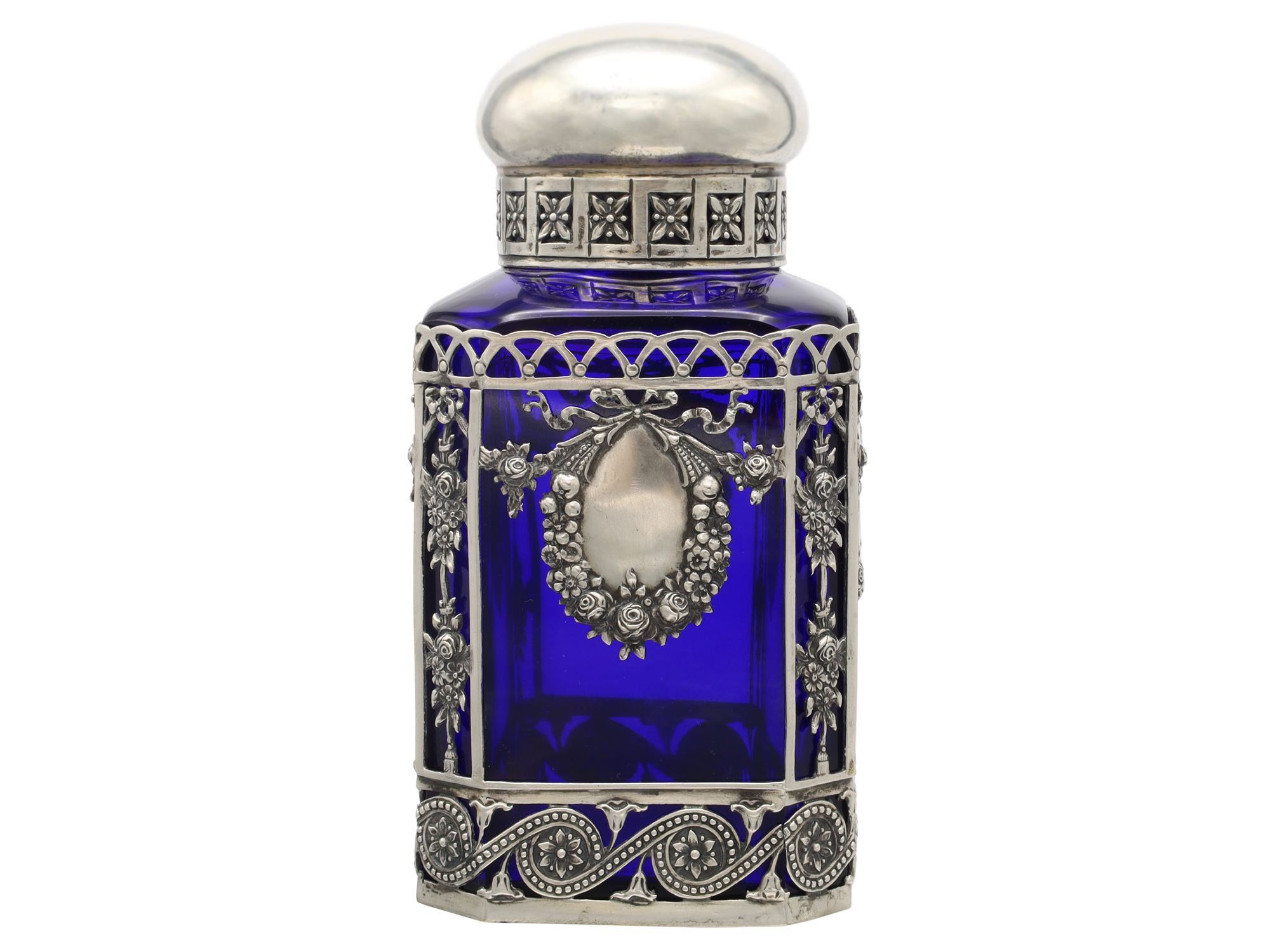 A RUSSIAN-STYLE SILVER-MOUNTED COBALT-BLUE GLASS TEA CADDY, 19TH CENTURY