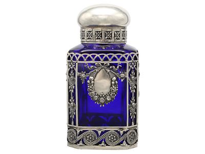 A RUSSIAN-STYLE SILVER-MOUNTED COBALT-BLUE GLASS TEA CADDY, 19TH CENTURY. A cobalt-blue glass 