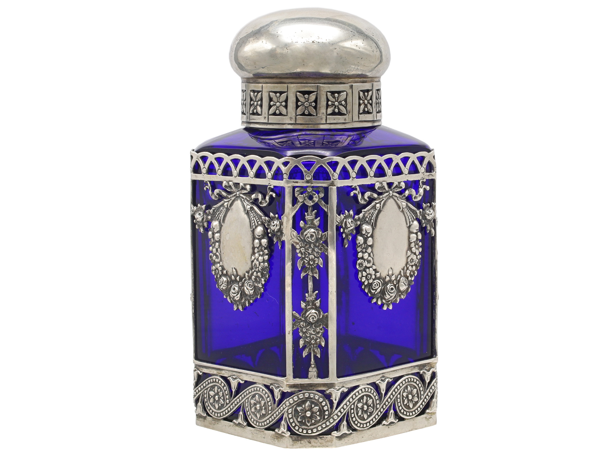 A RUSSIAN-STYLE SILVER-MOUNTED COBALT-BLUE GLASS TEA CADDY, 19TH CENTURY