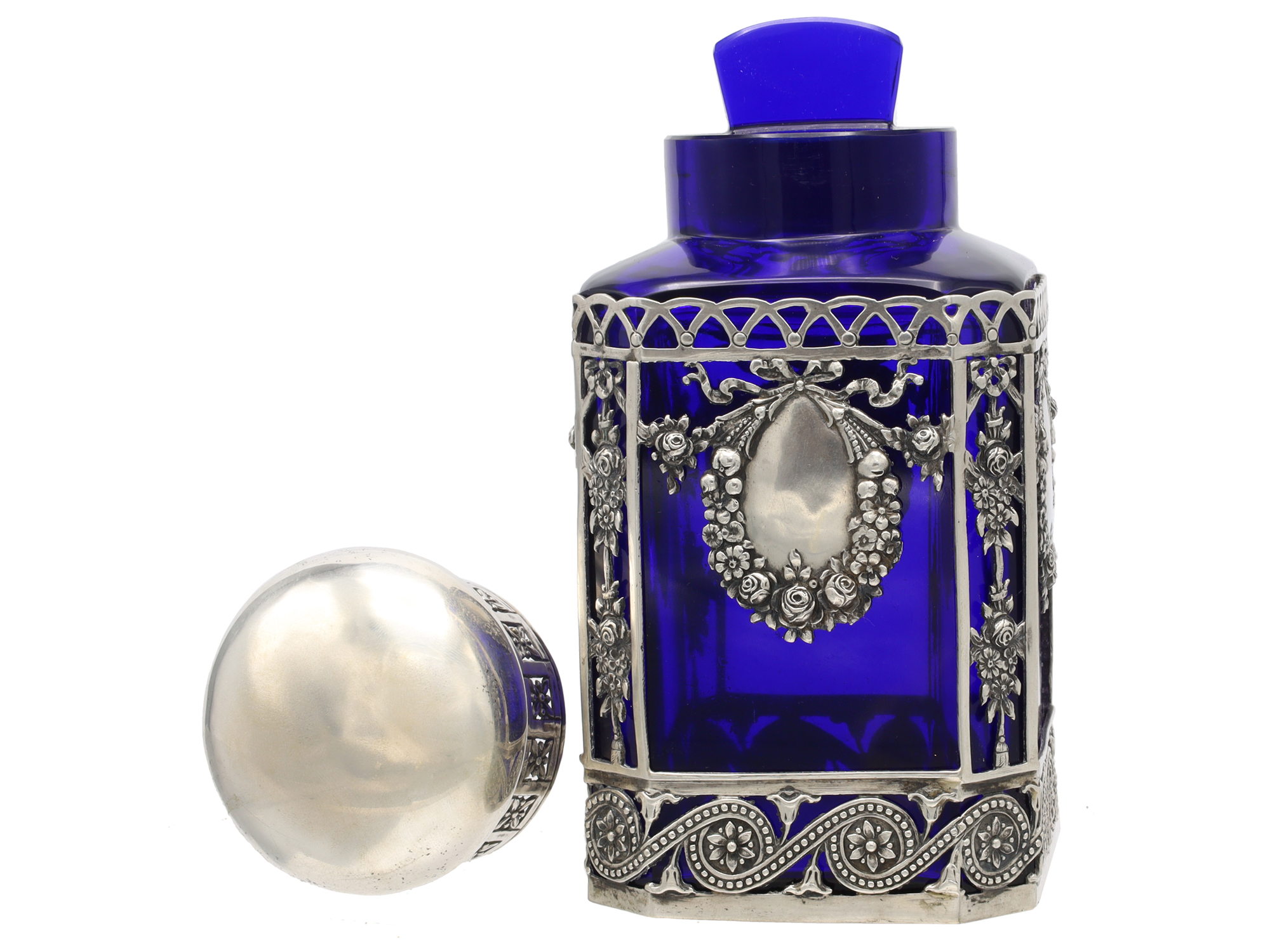 A RUSSIAN-STYLE SILVER-MOUNTED COBALT-BLUE GLASS TEA CADDY, 19TH CENTURY