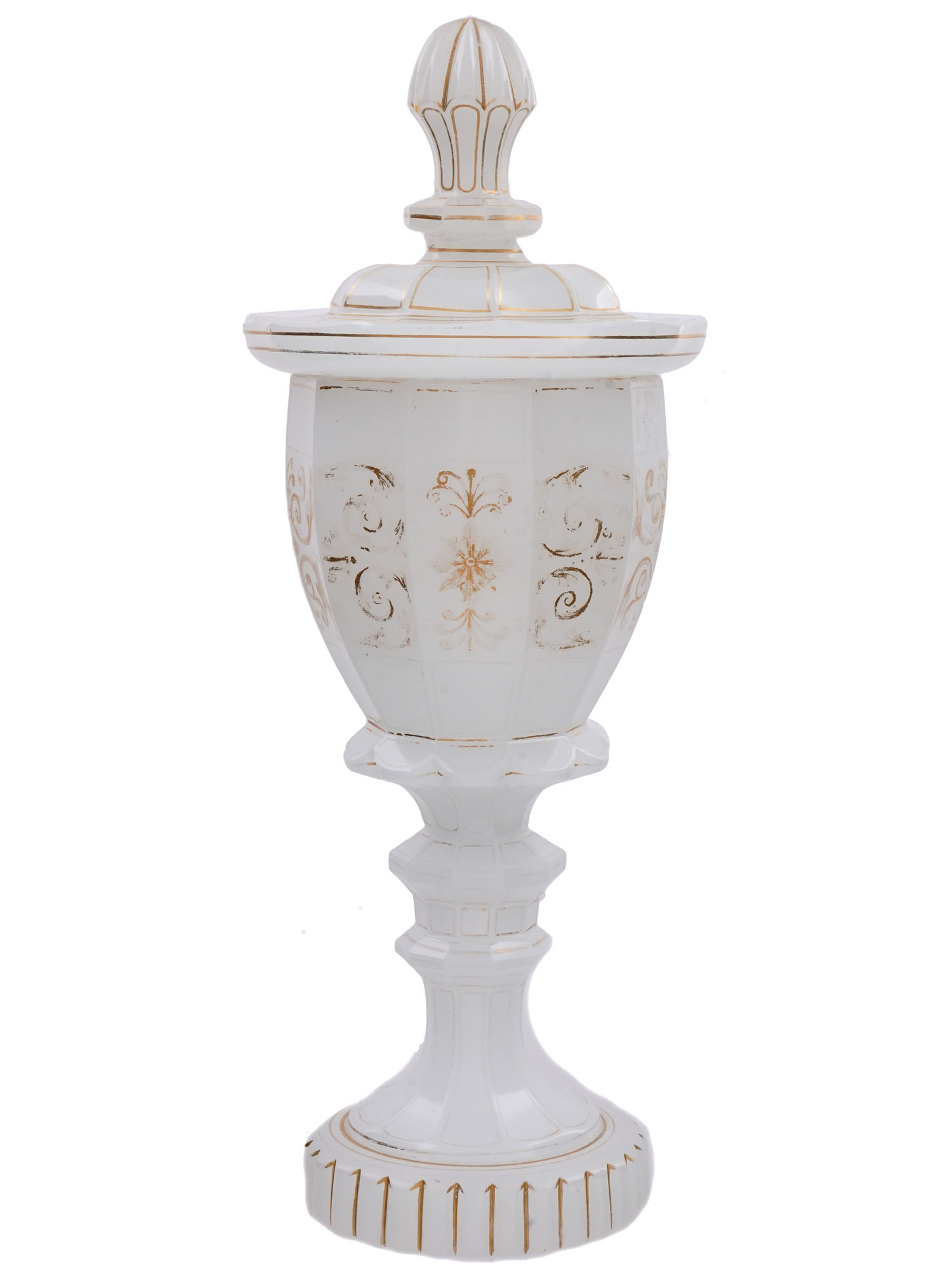 A LARGE GILT-DECORATED OPALINE GLASS COVERED URN, 19TH CENTURY