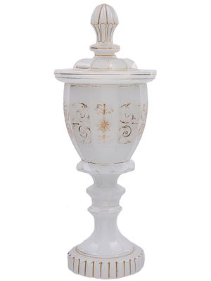 A LARGE GILT-DECORATED OPALINE GLASS COVERED URN, 19TH CENTURY. A large Continental European 