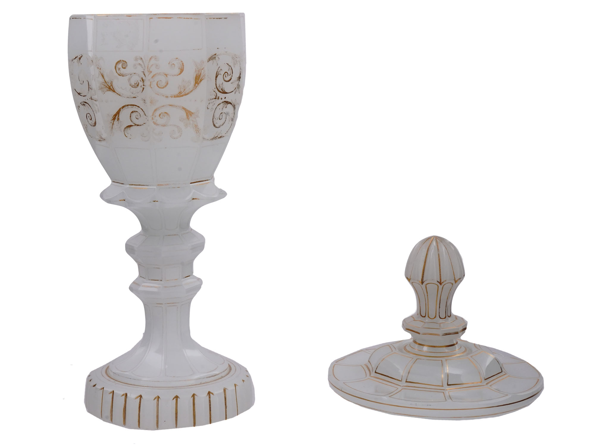A LARGE GILT-DECORATED OPALINE GLASS COVERED URN, 19TH CENTURY