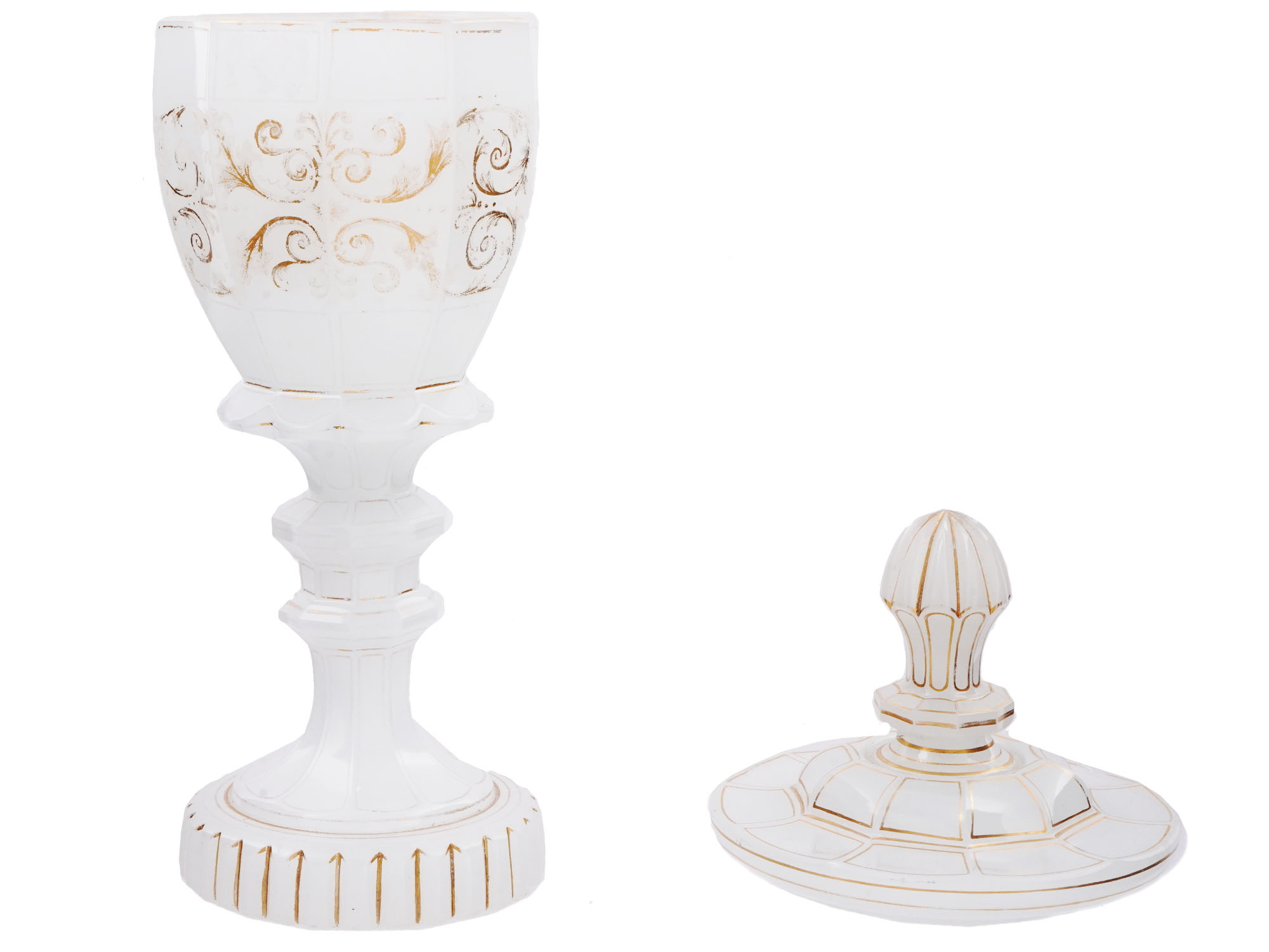 A LARGE GILT-DECORATED OPALINE GLASS COVERED URN, 19TH CENTURY