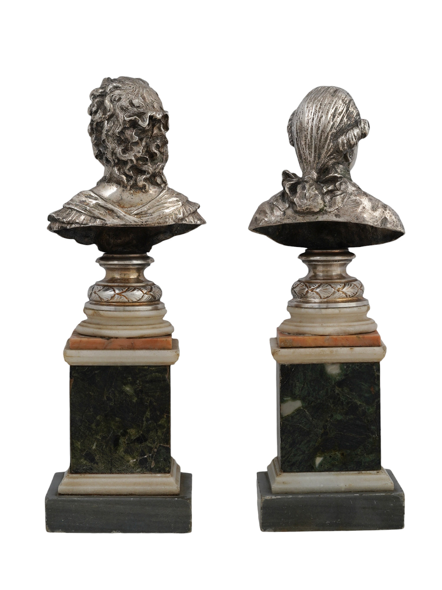 A PAIR OF SOLID SILVER BUSTS ON MARBLE BASES, EARLY 20TH CEN.