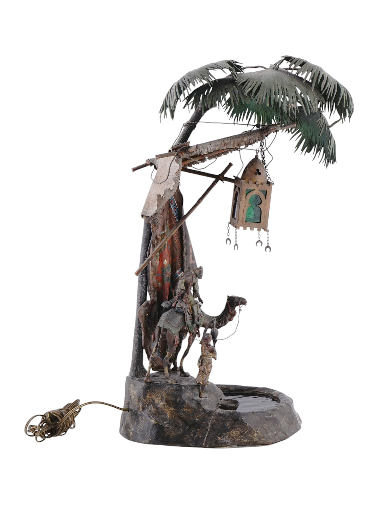 A VIENNA BRONZE BERGMAN LAMP WITH STAINED GLASS, 20TH CEN.