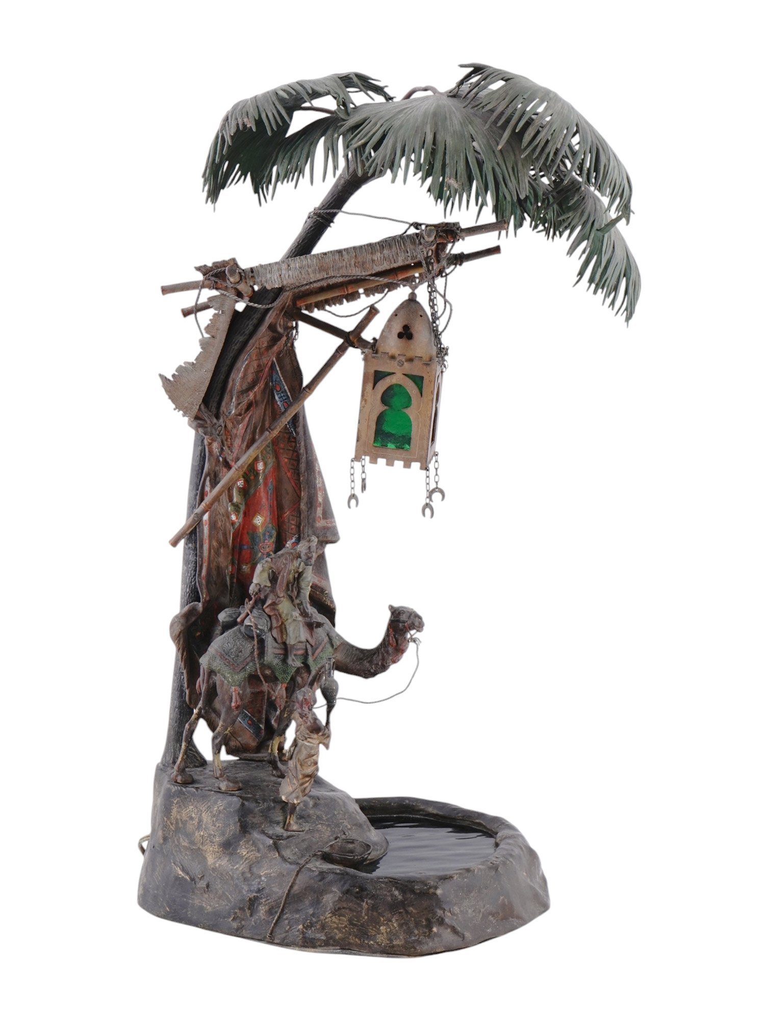 A VIENNA BRONZE BERGMAN LAMP WITH STAINED GLASS, 20TH CEN.