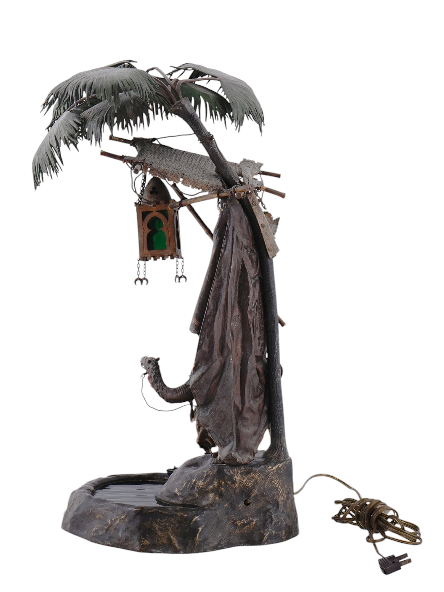 A VIENNA BRONZE BERGMAN LAMP WITH STAINED GLASS, 20TH CEN.