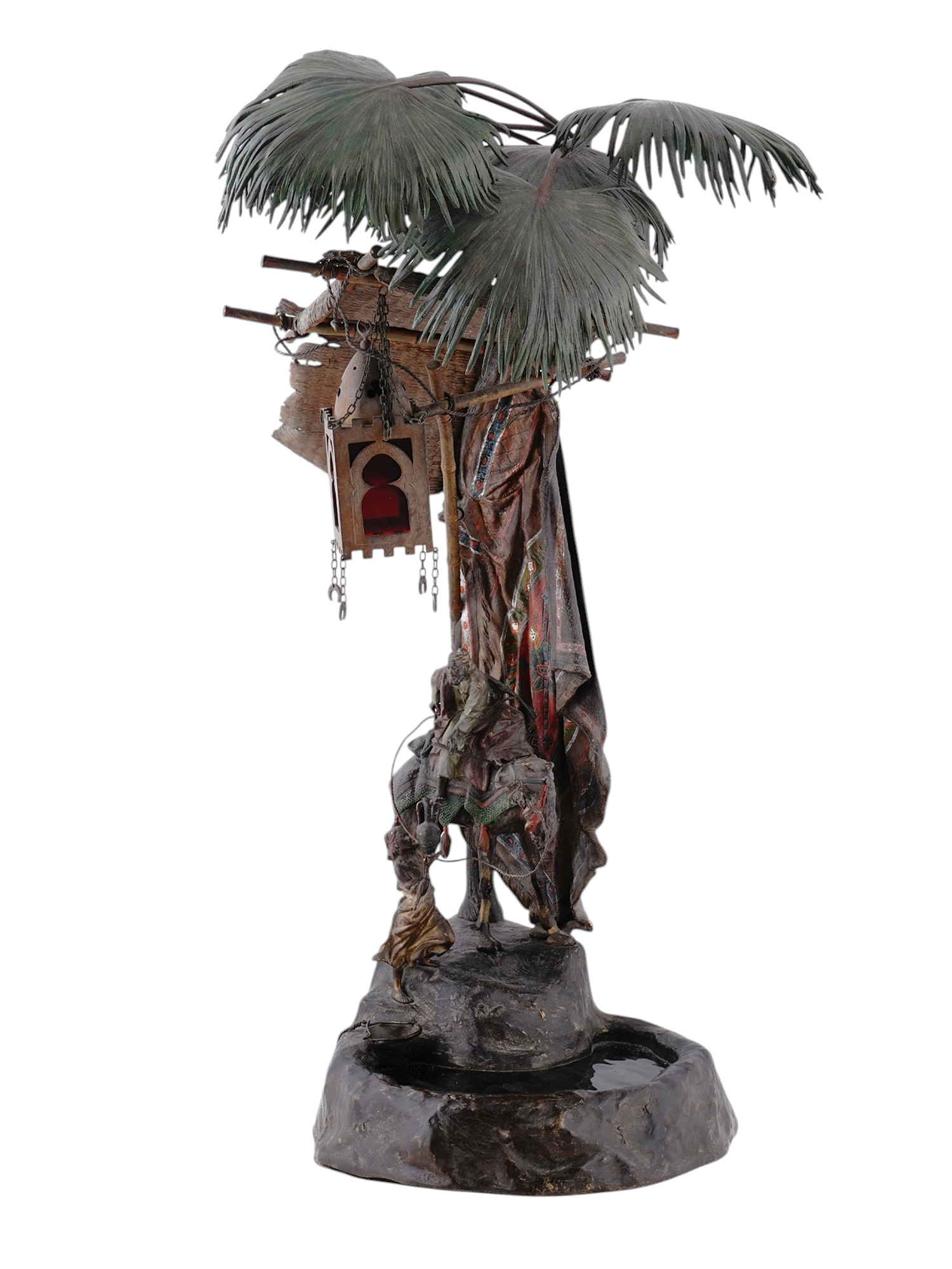 A VIENNA BRONZE BERGMAN LAMP WITH STAINED GLASS, 20TH CEN.