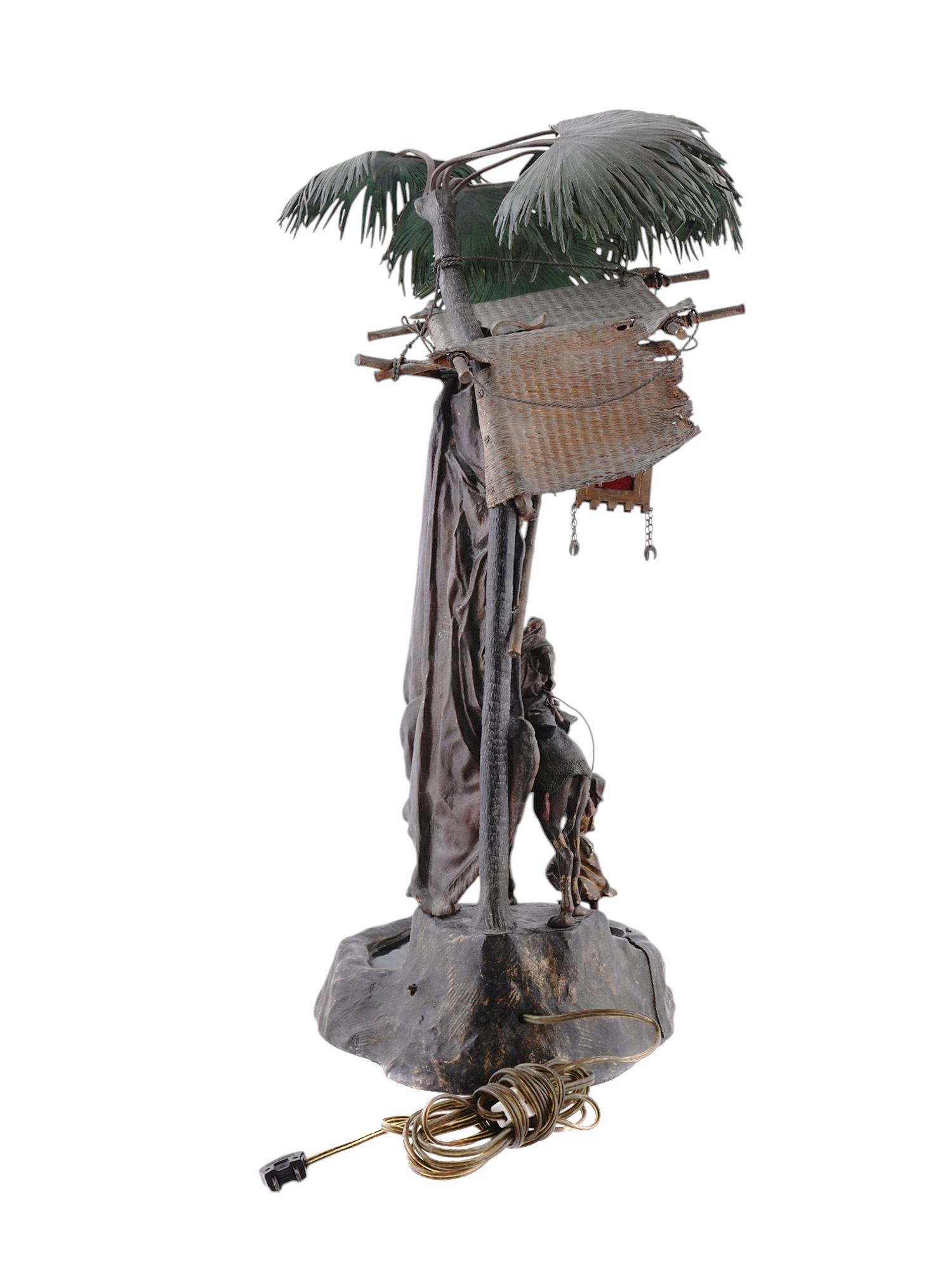 A VIENNA BRONZE BERGMAN LAMP WITH STAINED GLASS, 20TH CEN.