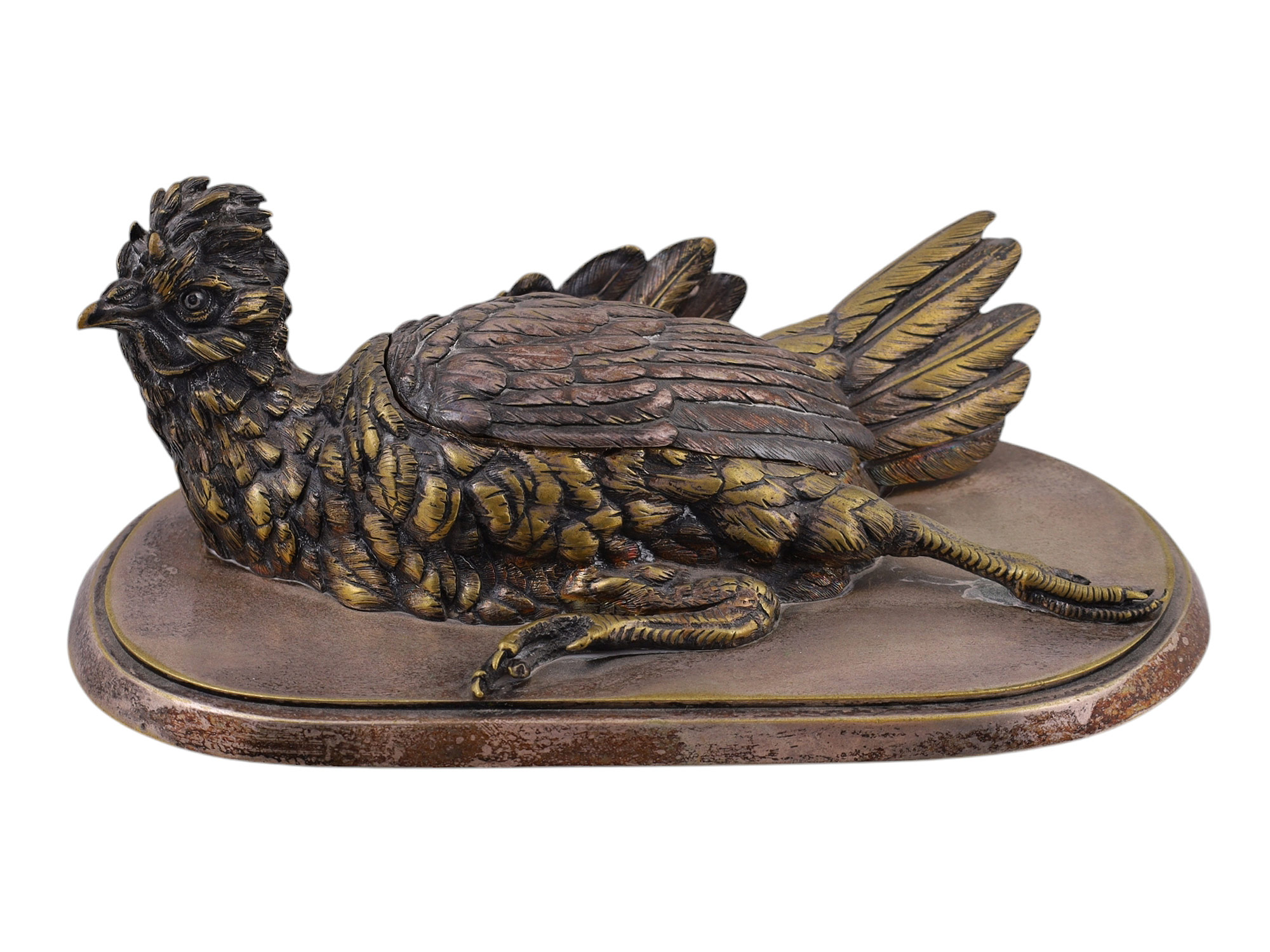 FRENCH SILVERED BRONZE CHICKEN-FORM INKWELL, LATE 19TH CENTURY