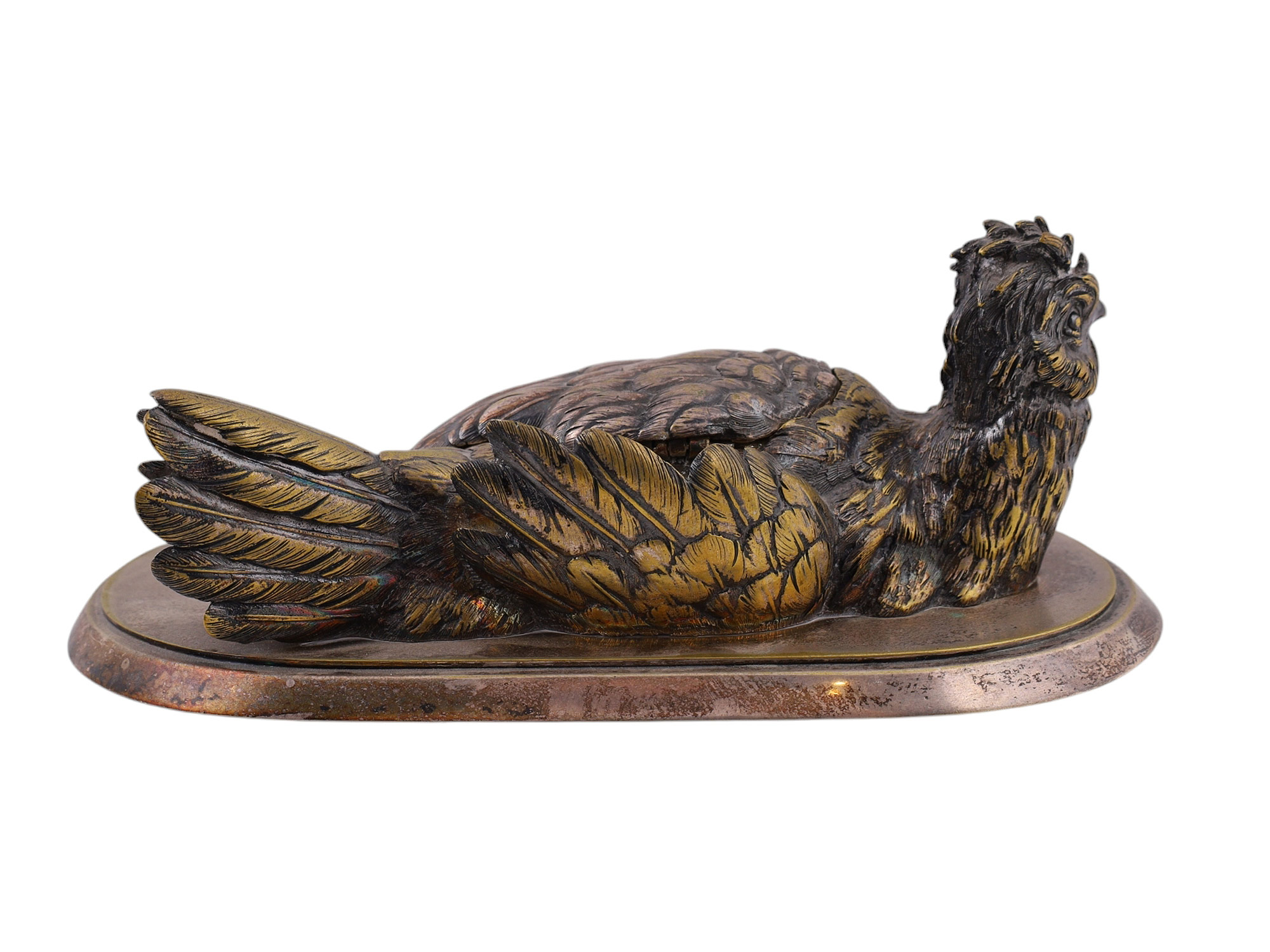 FRENCH SILVERED BRONZE CHICKEN-FORM INKWELL, LATE 19TH CENTURY