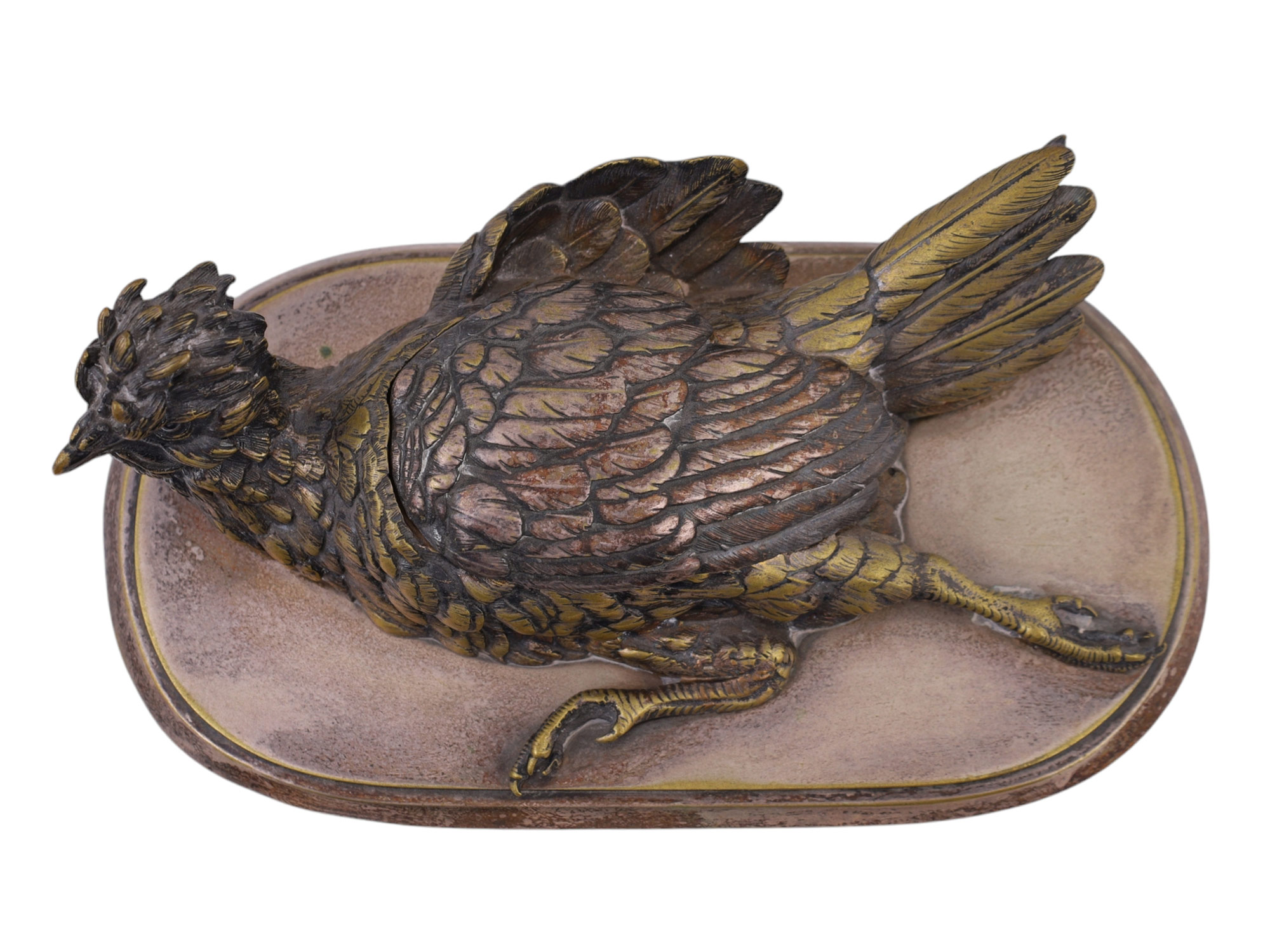 FRENCH SILVERED BRONZE CHICKEN-FORM INKWELL, LATE 19TH CENTURY