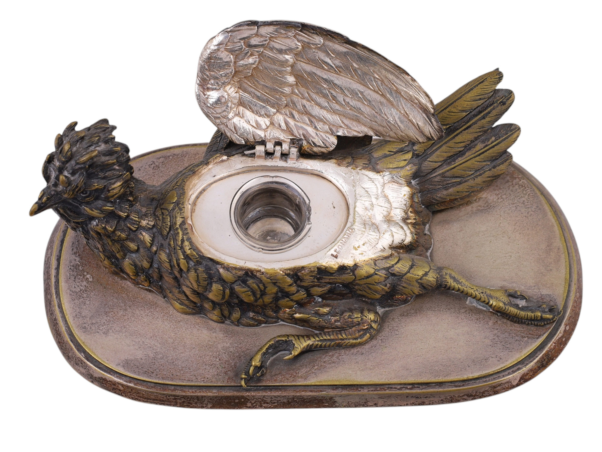 FRENCH SILVERED BRONZE CHICKEN-FORM INKWELL, LATE 19TH CENTURY