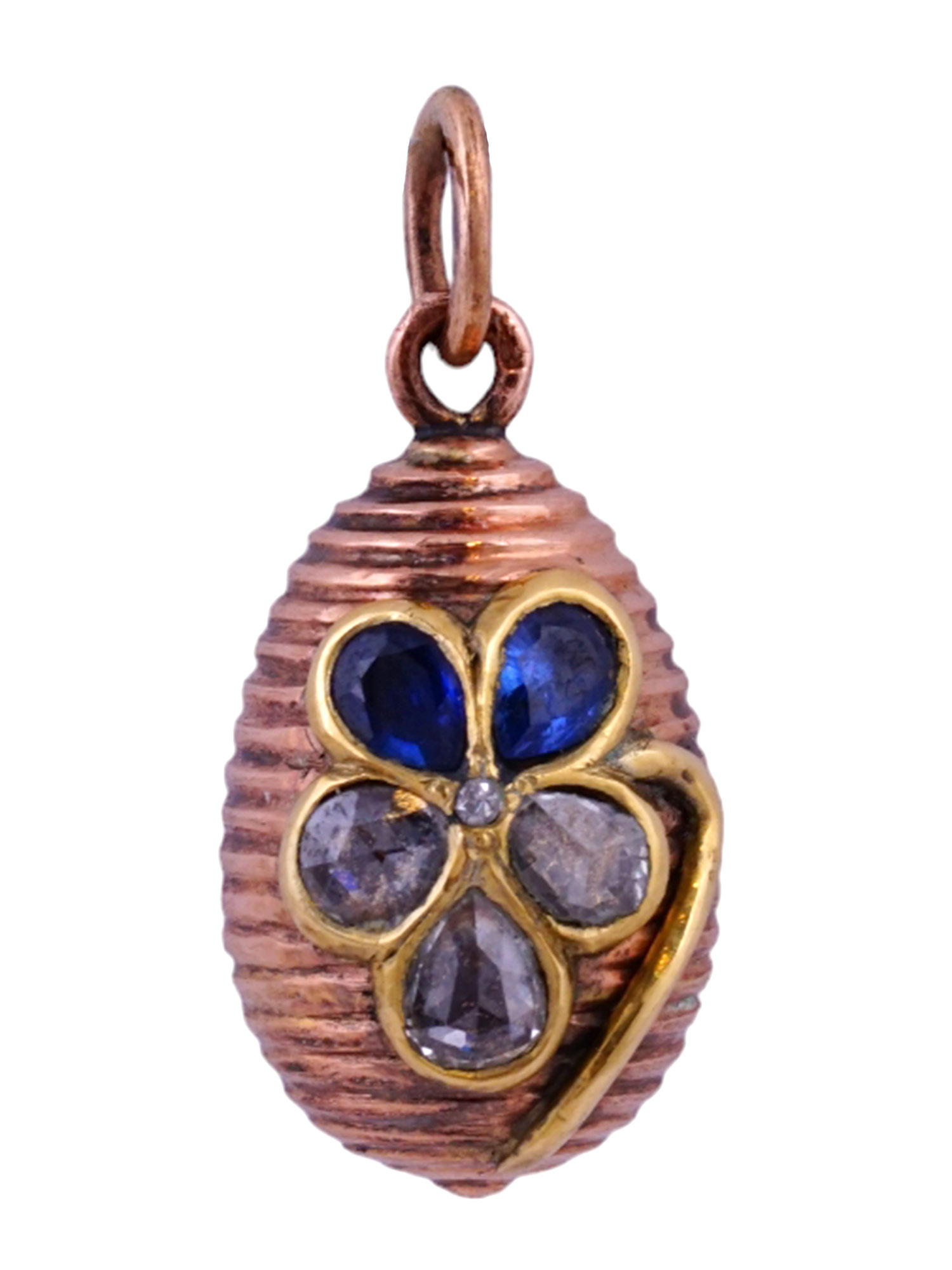 A RUSSIAN GOLD, DIAMOND AND BLUE GEM-SET MINIATURE EASTER EGG PENDANT, 19TH CENTURY