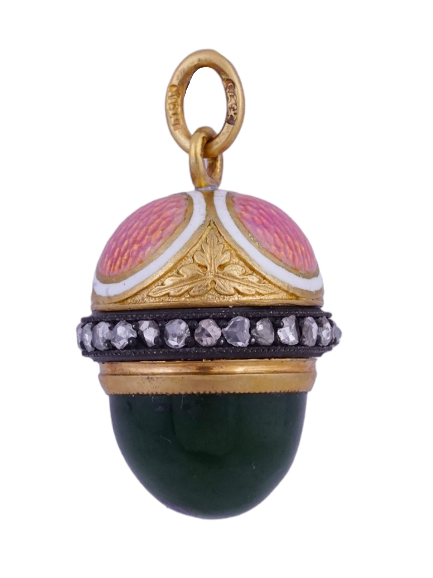A FABERGÉ GOLD, NEPHRITE, GUILLOCHÉ ENAMEL AND DIAMOND MINIATURE EASTER EGG PENDANT, WORKMASTER MIKHAIL PERKHIN, ST. PETERSBURG, LATE 19TH C
