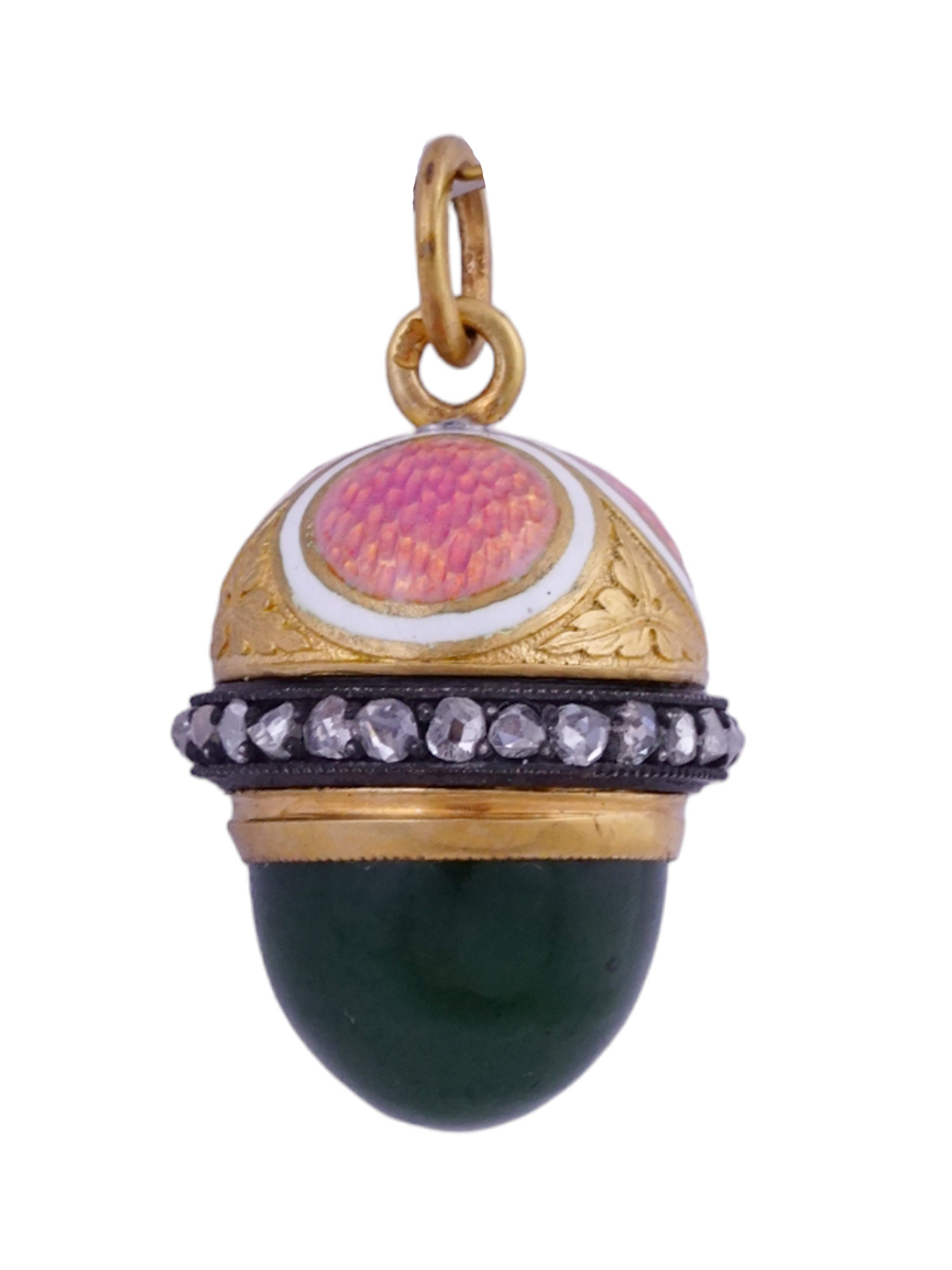 A FABERGÉ GOLD, NEPHRITE, GUILLOCHÉ ENAMEL AND DIAMOND MINIATURE EASTER EGG PENDANT, WORKMASTER MIKHAIL PERKHIN, ST. PETERSBURG, LATE 19TH C