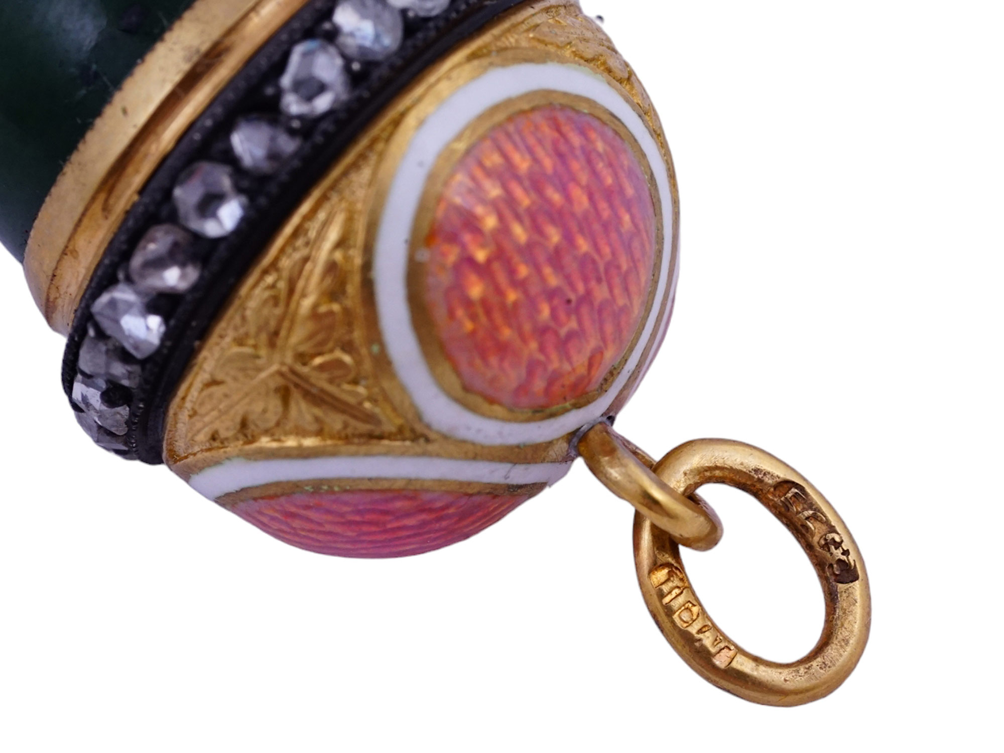 A FABERGÉ GOLD, NEPHRITE, GUILLOCHÉ ENAMEL AND DIAMOND MINIATURE EASTER EGG PENDANT, WORKMASTER MIKHAIL PERKHIN, ST. PETERSBURG, LATE 19TH C