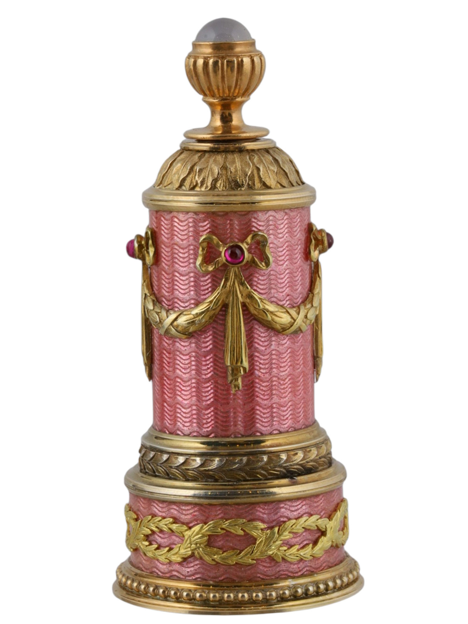 A RUSSIAN SILVER-GILT, GOLD, GUILLOCHÉ ENAMEL AND GEM-SET PERFUME BOTTLE